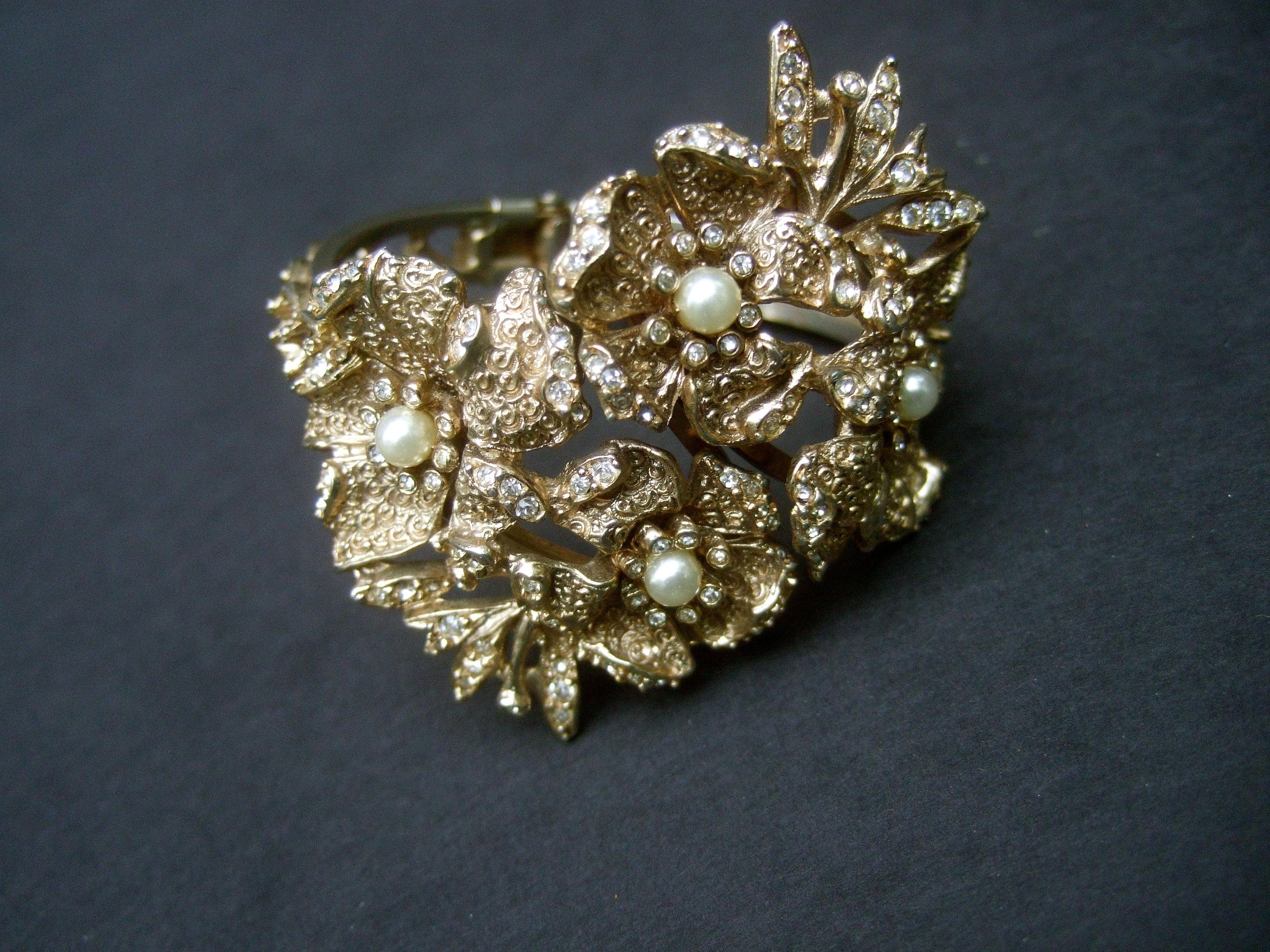 Hobe' Wide Gilt Metal Jewel Encrusted Hinged Cuff Bracelet c 1960s 2