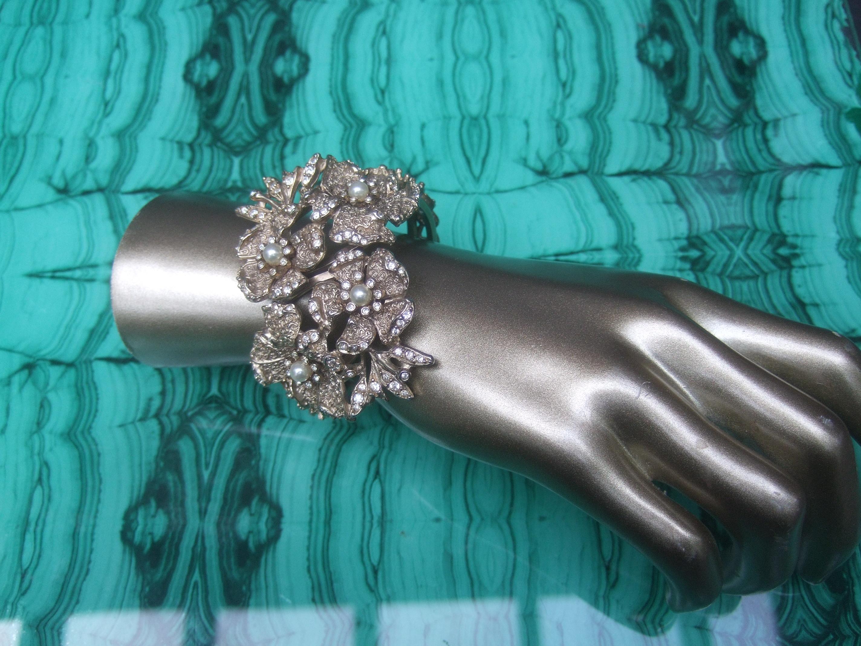 Hobe' Wide Gilt Metal Jewel Encrusted Hinged Cuff Bracelet c 1960s 3