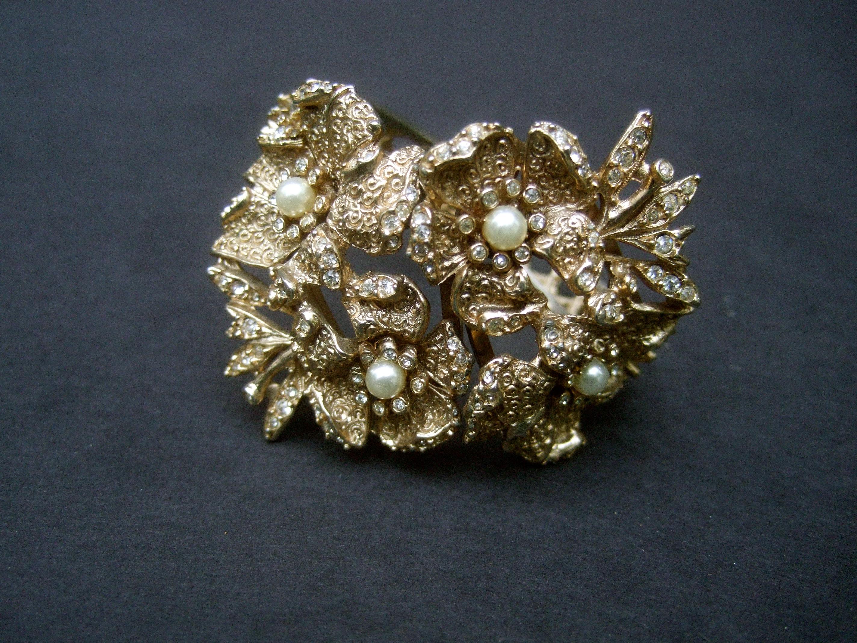 Hobe' Wide Gilt Metal Jewel Encrusted Hinged Cuff Bracelet c 1960s 4