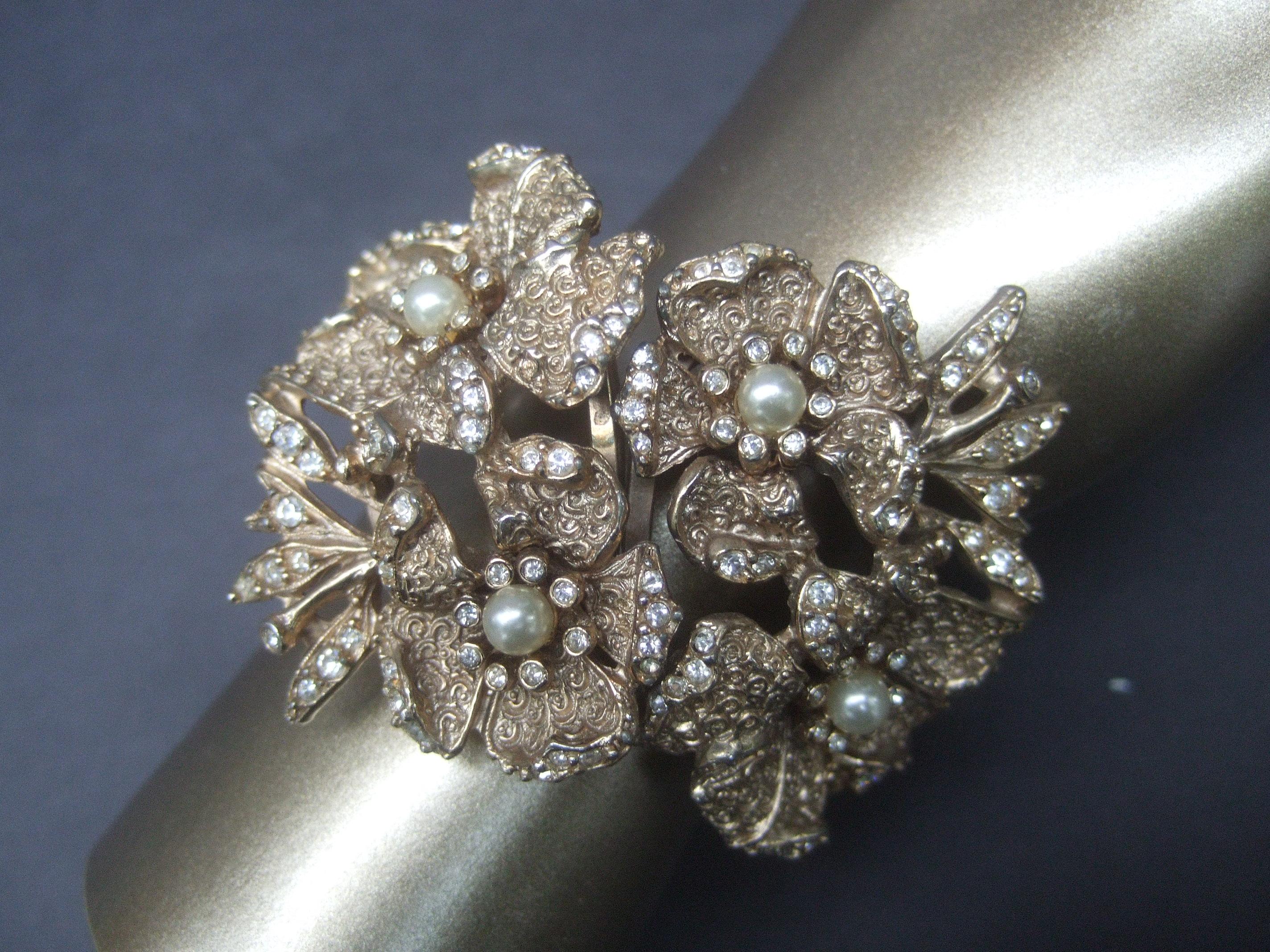 Hobe' Wide Gilt Metal Jewel Encrusted Hinged Cuff Bracelet c 1960s 5
