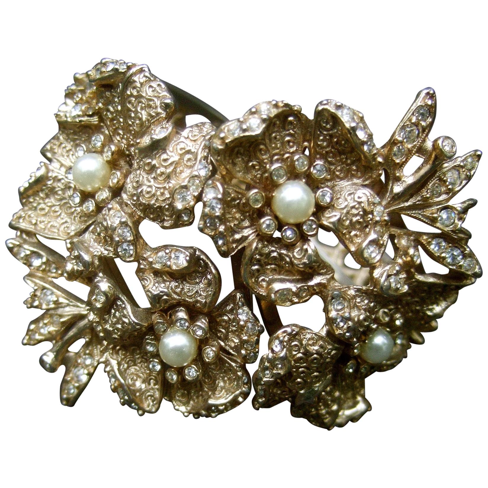 Hobe' Wide Gilt Metal Jewel Encrusted Hinged Cuff Bracelet c 1960s