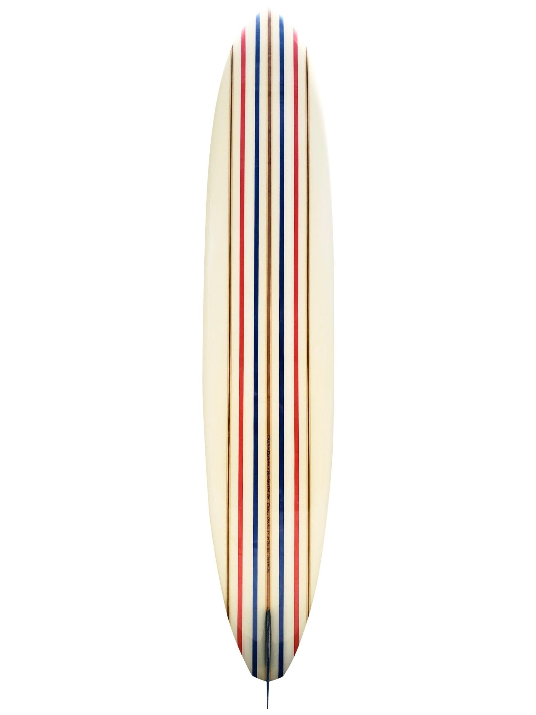 Hobie Surfboards Endless Summer model longboard hand made by Mike Hynson. The exact same surfboard design Hynson rode in the acclaimed 1966 surf movie “The Endless Summer” filmed by Bruce Brown. Features a beautiful 9 wooden stringer design with