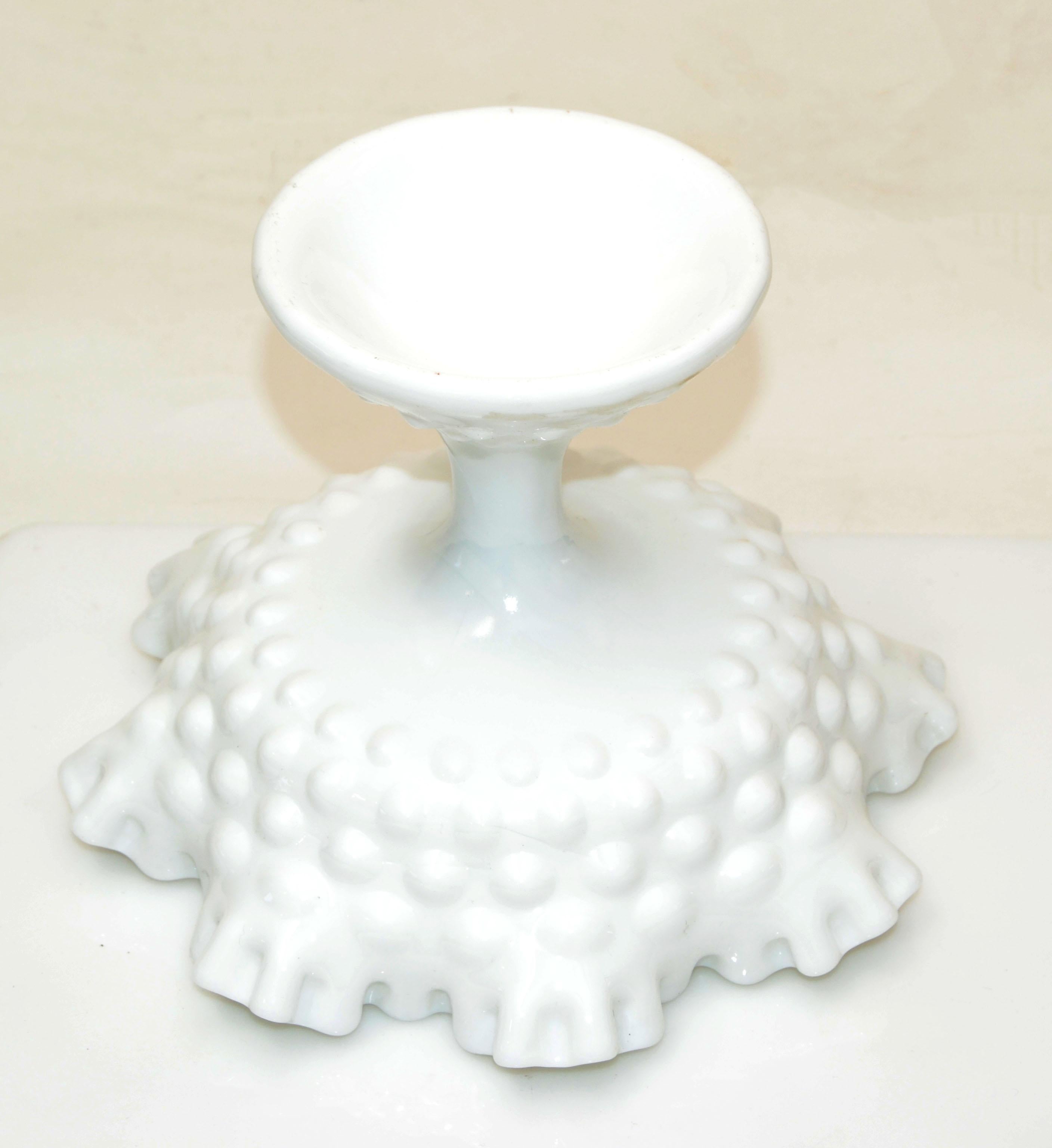 20th Century Fenton Hobnail White Ruffled Milk Glass Footed Bowl Candy Cream Serving Bowl 70s For Sale