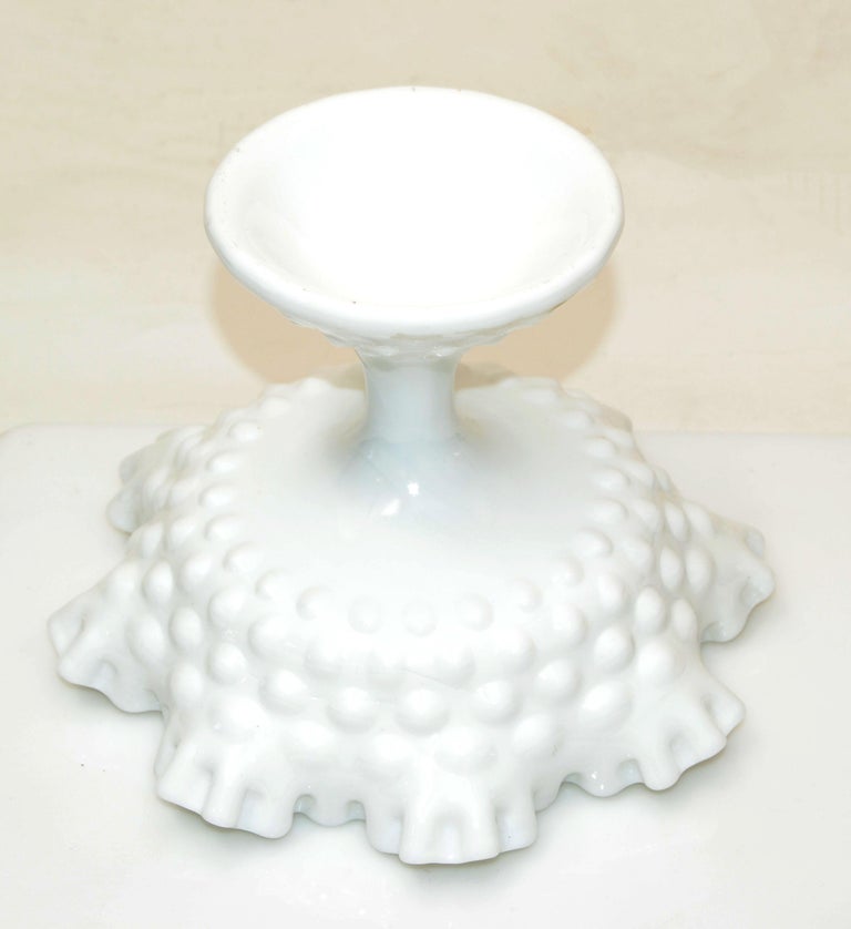 Hobnail White Ruffled Milk Glass Footed Bowl, Candy Dish Cream Serving