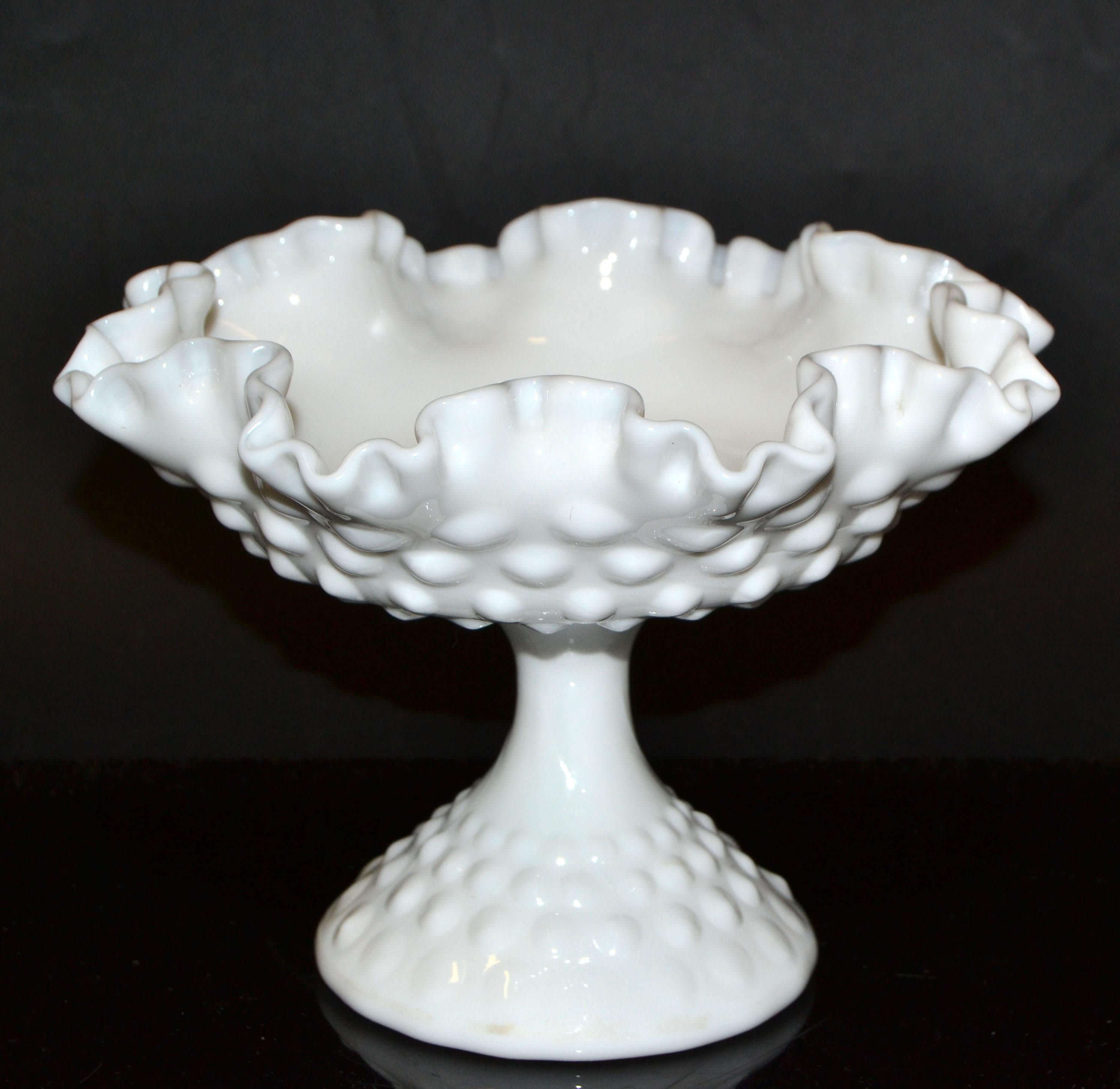 Fenton Hobnail White Ruffled Milk Glass Footed Bowl Candy Cream Serving Bowl 70s For Sale 1
