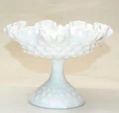 Fenton Hobnail White Ruffled Milk Glass Footed Bowl Candy Cream Serving Bowl 70s