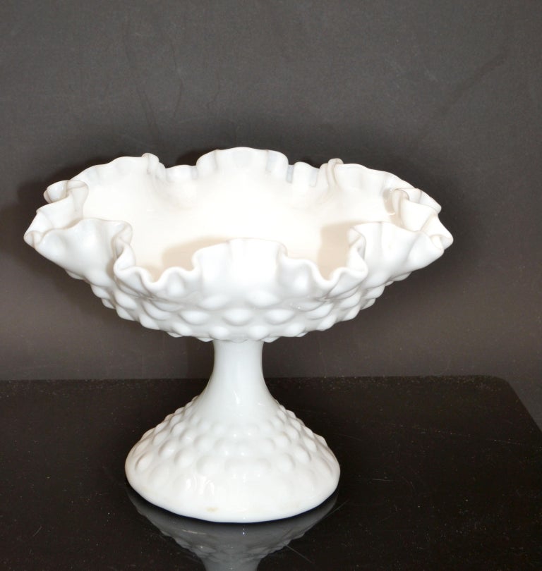 Hobnail White Ruffled Milk Glass Footed Bowl, Candy Dish Cream Serving