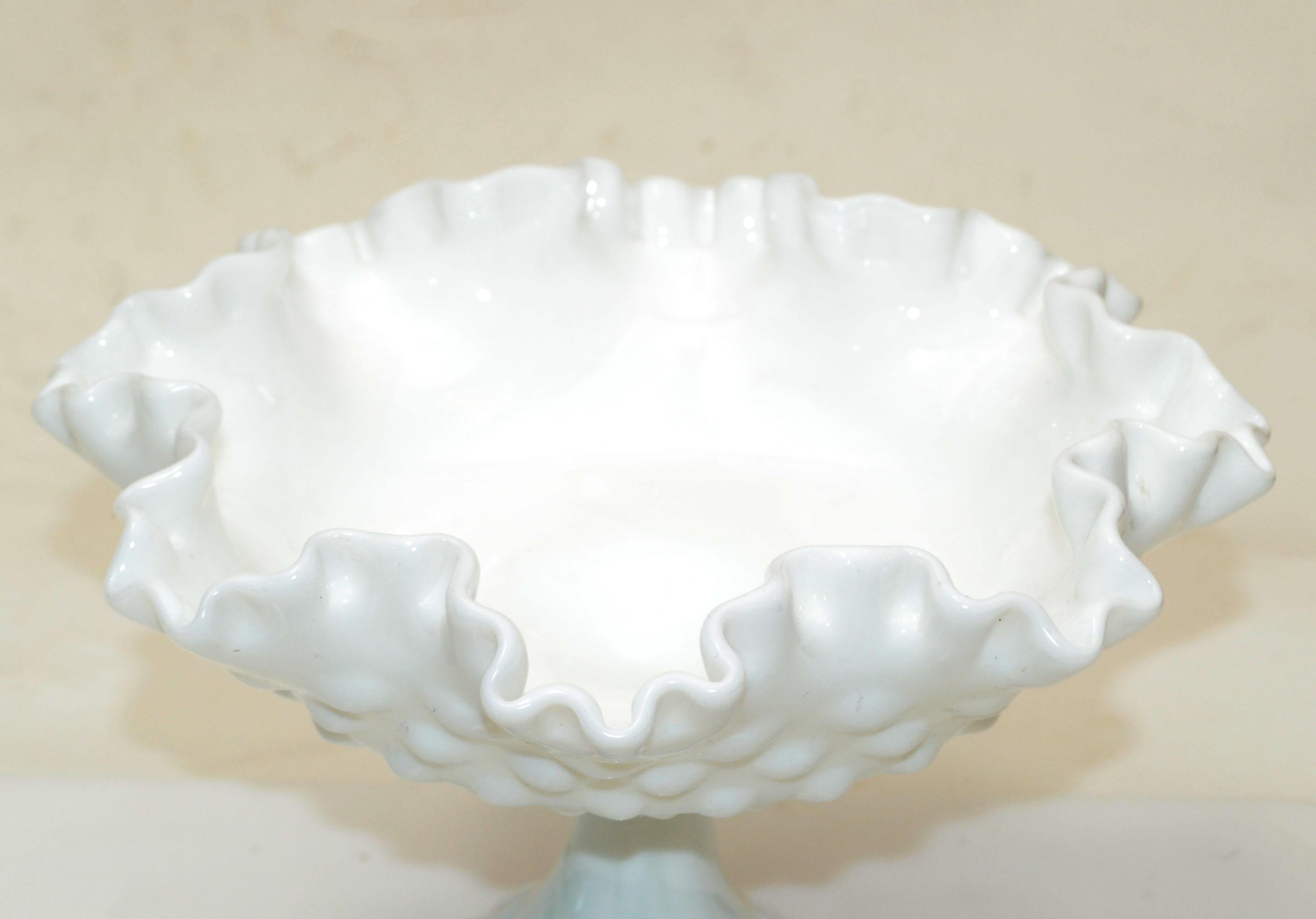 Mid-Century Modern Fenton Hobnail White Ruffled Milk Glass Footed Bowl Candy Cream Serving Bowl 70s For Sale