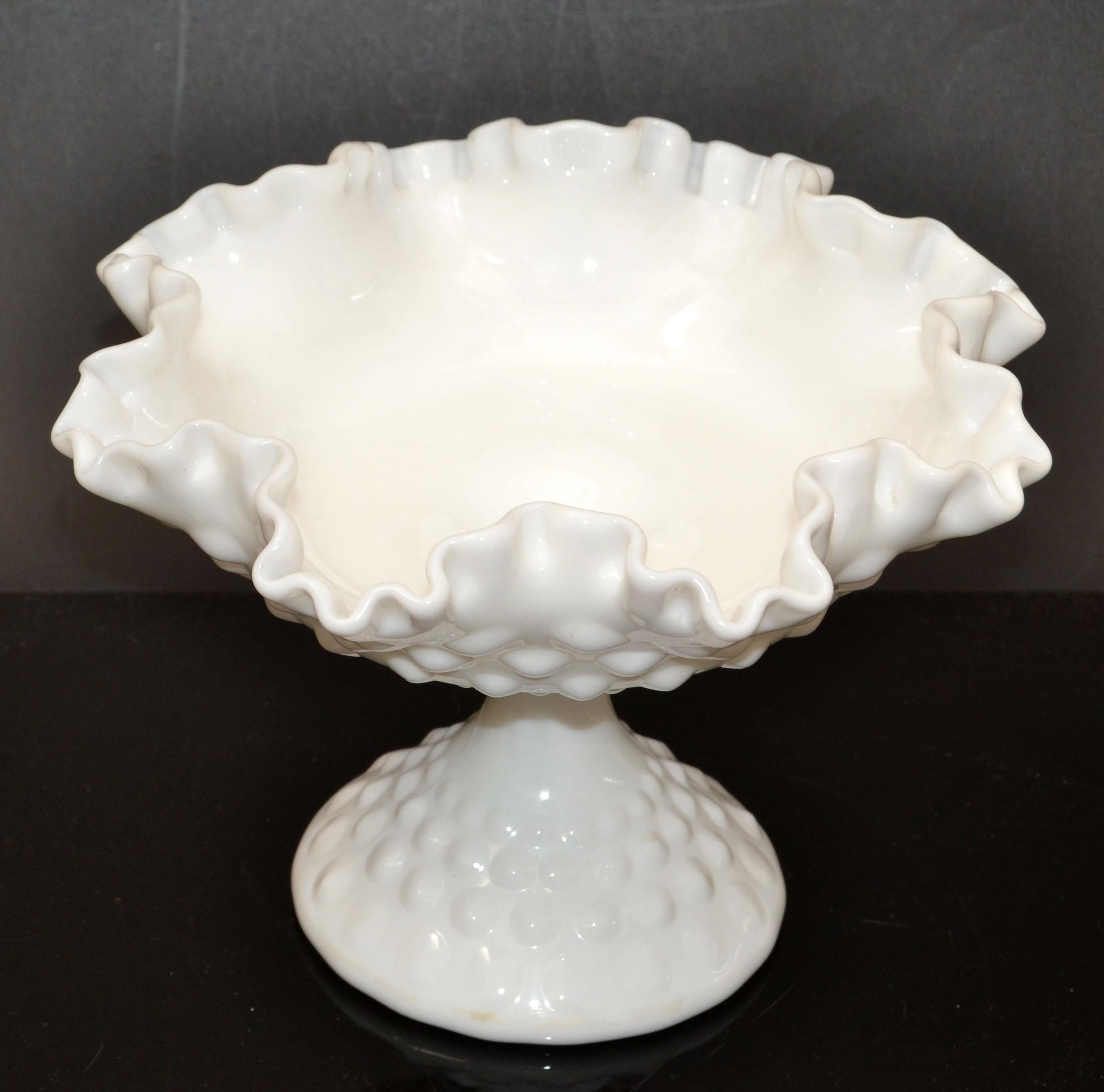 Hand-Crafted Fenton Hobnail White Ruffled Milk Glass Footed Bowl Candy Cream Serving Bowl 70s For Sale