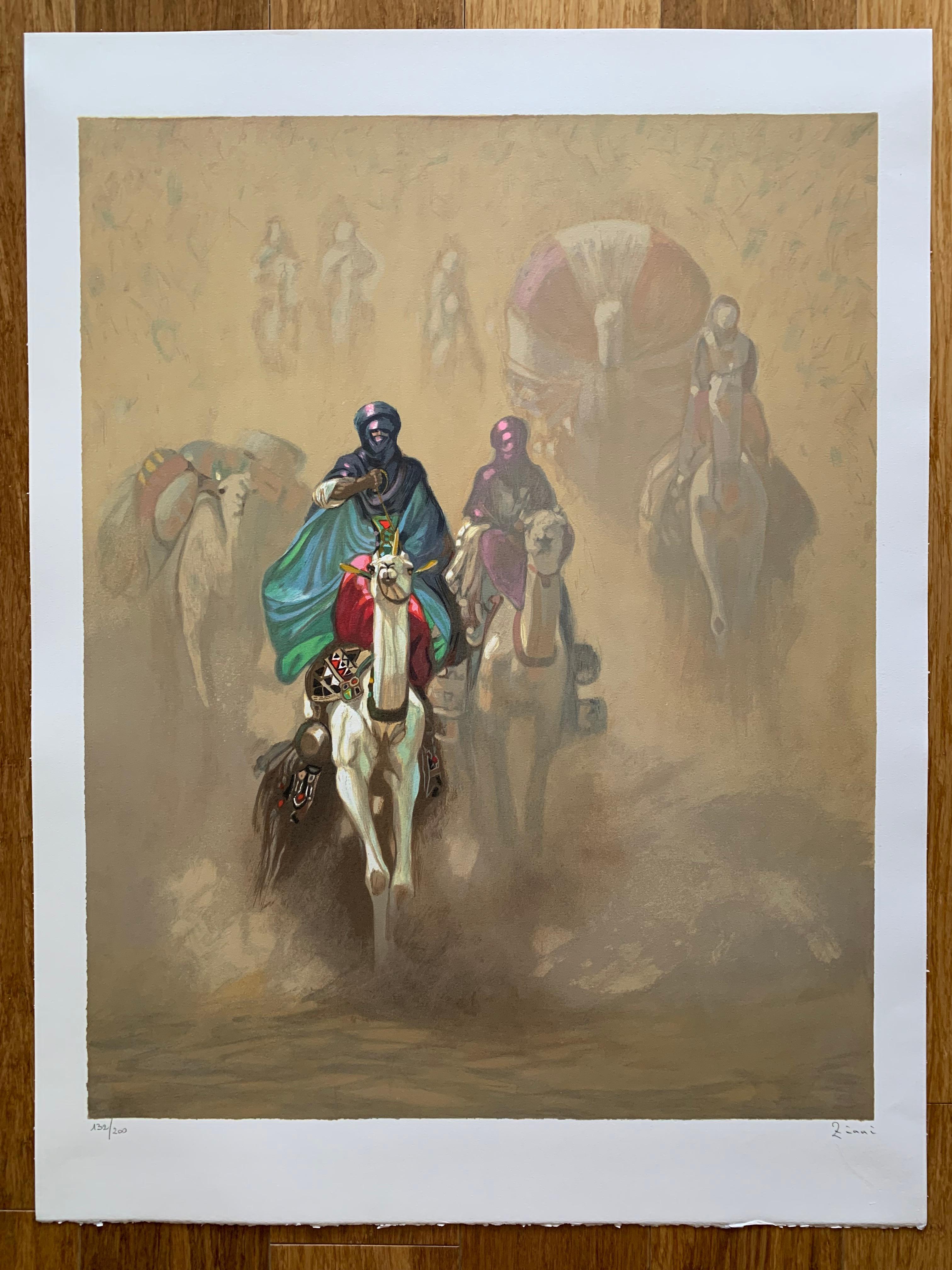 Hocine Ziani Figurative Print - Les Convoyeurs de la Dot, Lithograph, Limited Edition Numbered and Signed