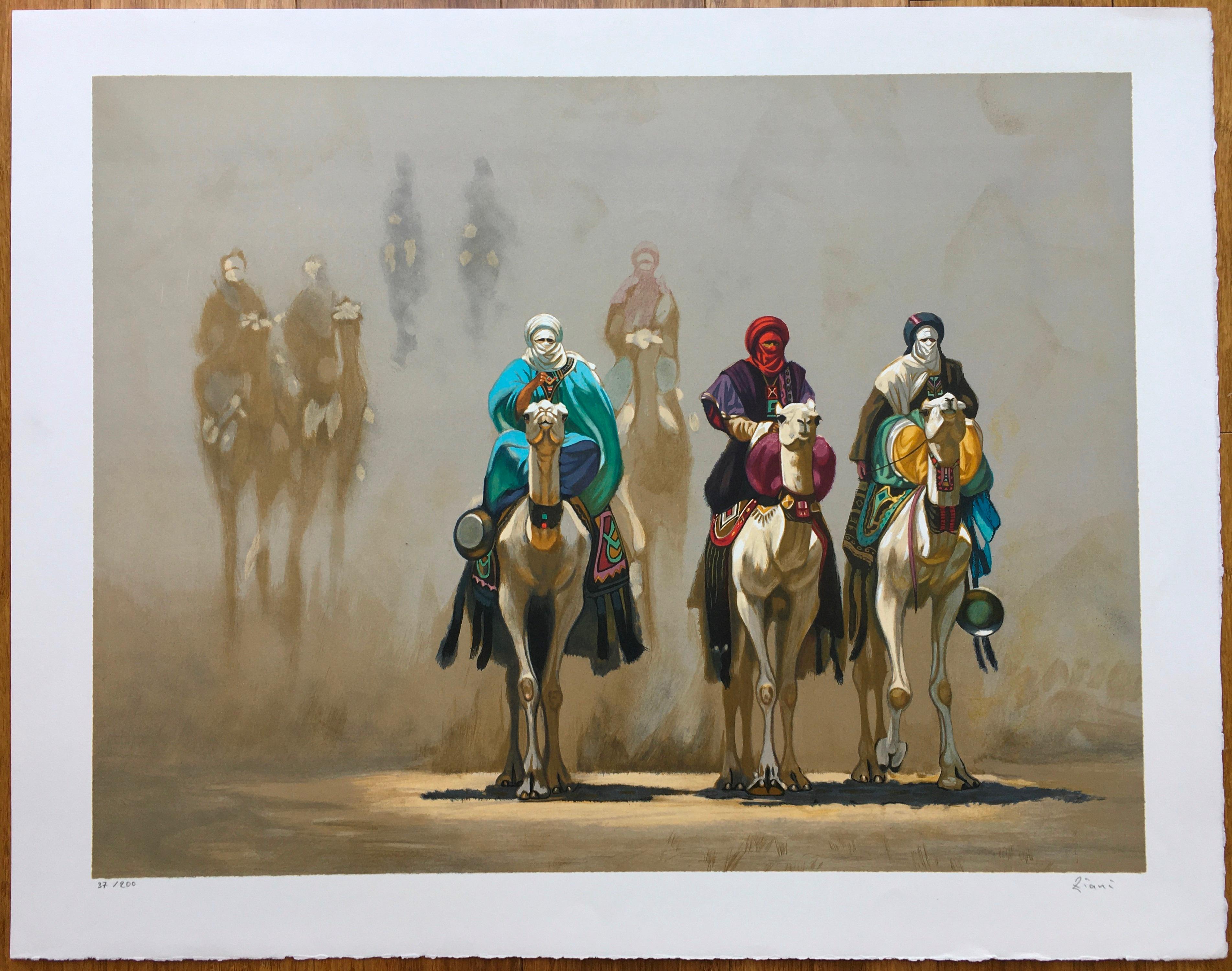 Hocine Ziani Figurative Print - L'Escorte Bleue, Lithograph, Limited Edition Numbered and Signed by the Artist