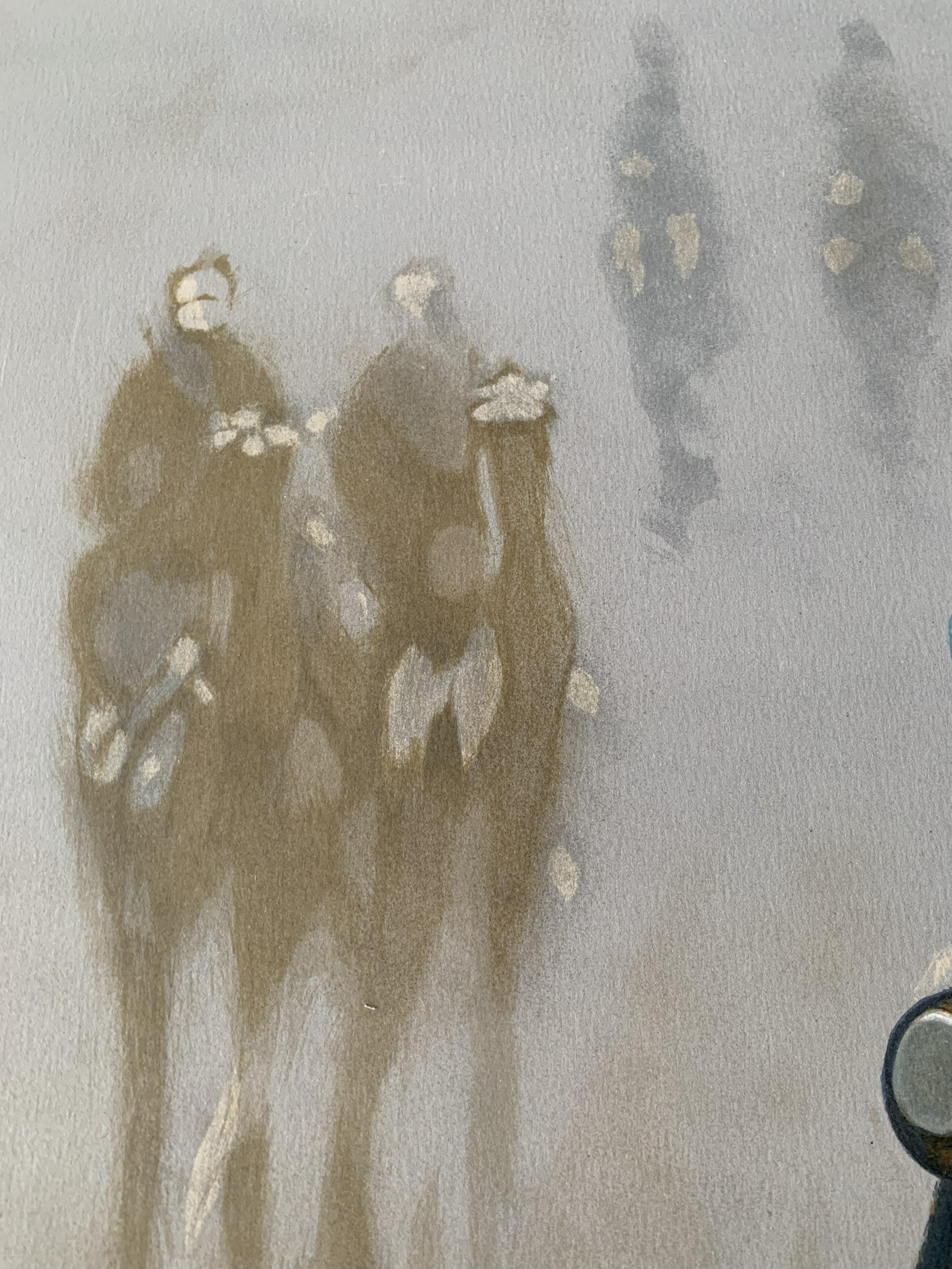 L'Escorte Bleue, Lithograph, Limited Edition Numbered and Signed by the Artist - Gray Figurative Print by Hocine Ziani