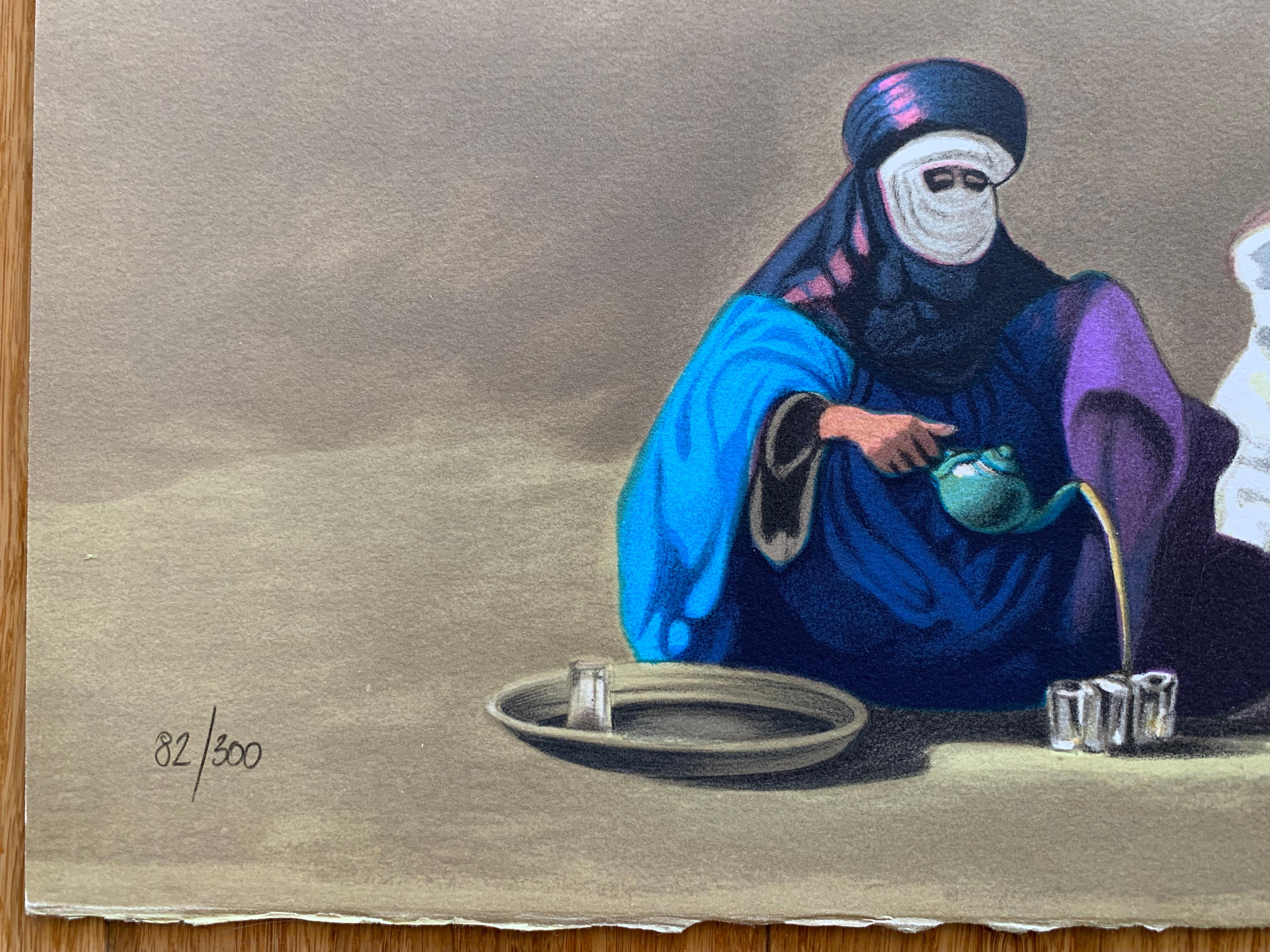 UN THÉ ET DES NOUVELLES RENCONTRES, Lithograph, Limited Edition Numbered, Signed - Gray Figurative Print by Hocine Ziani