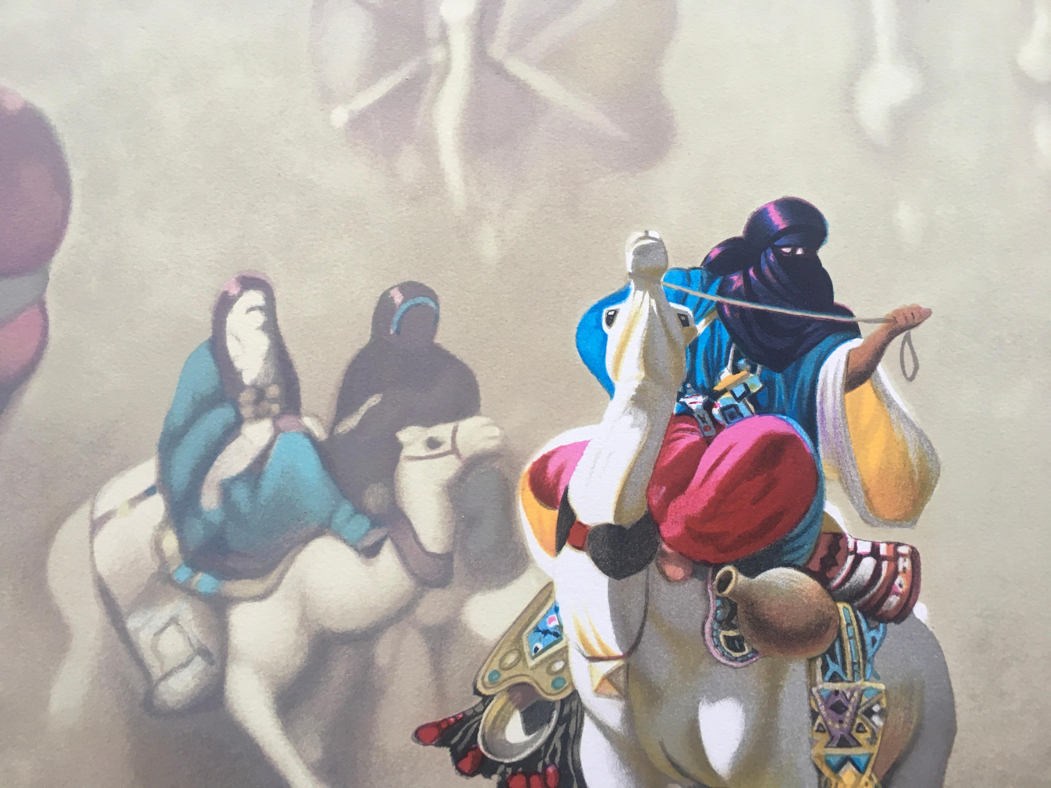 UN THÉ ET DES NOUVELLES RENCONTRES, Lithograph, Limited Edition Numbered, Signed - Gray Figurative Print by Hocine Ziani