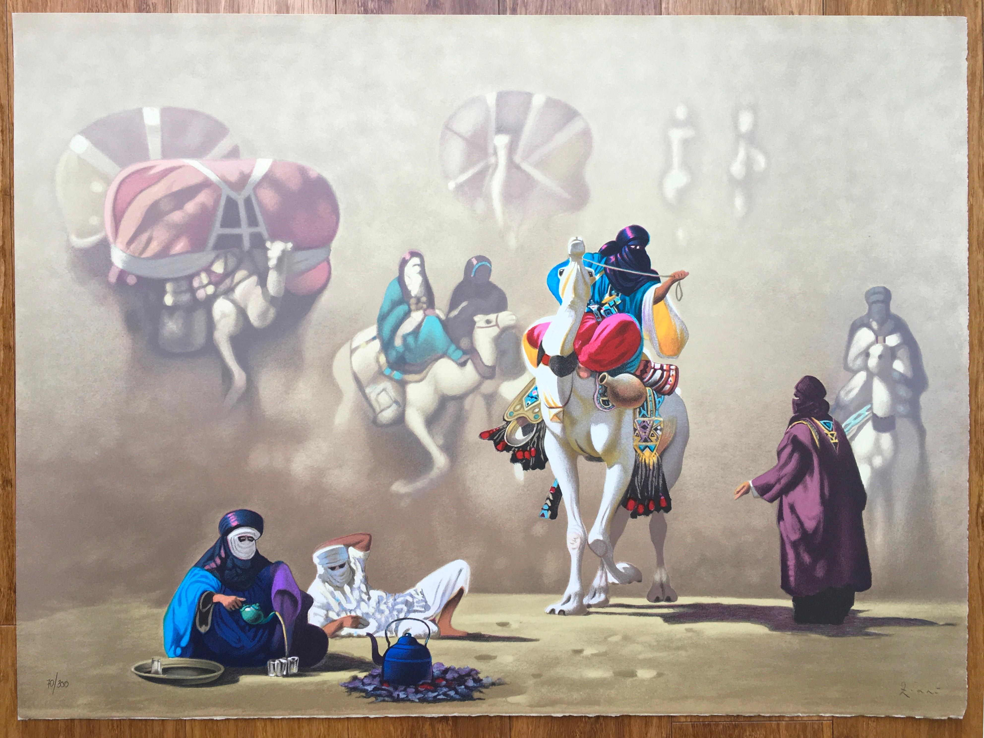 Hocine Ziani Figurative Print - UN THÉ ET DES NOUVELLES RENCONTRES, Lithograph, Limited Edition Numbered, Signed