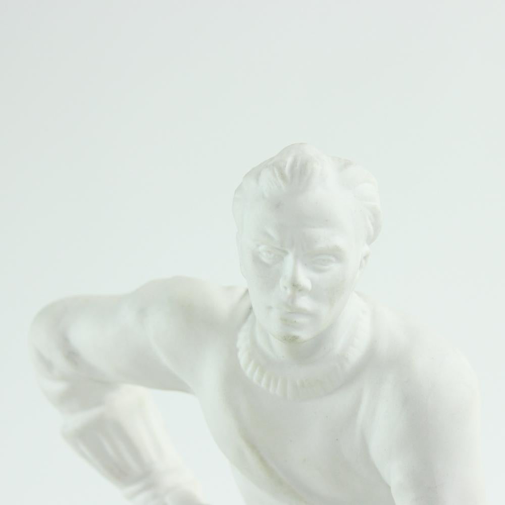 Czech Hockey Player Ceramic Statue in White Porcelain, Royal Dux 1947 Edition For Sale
