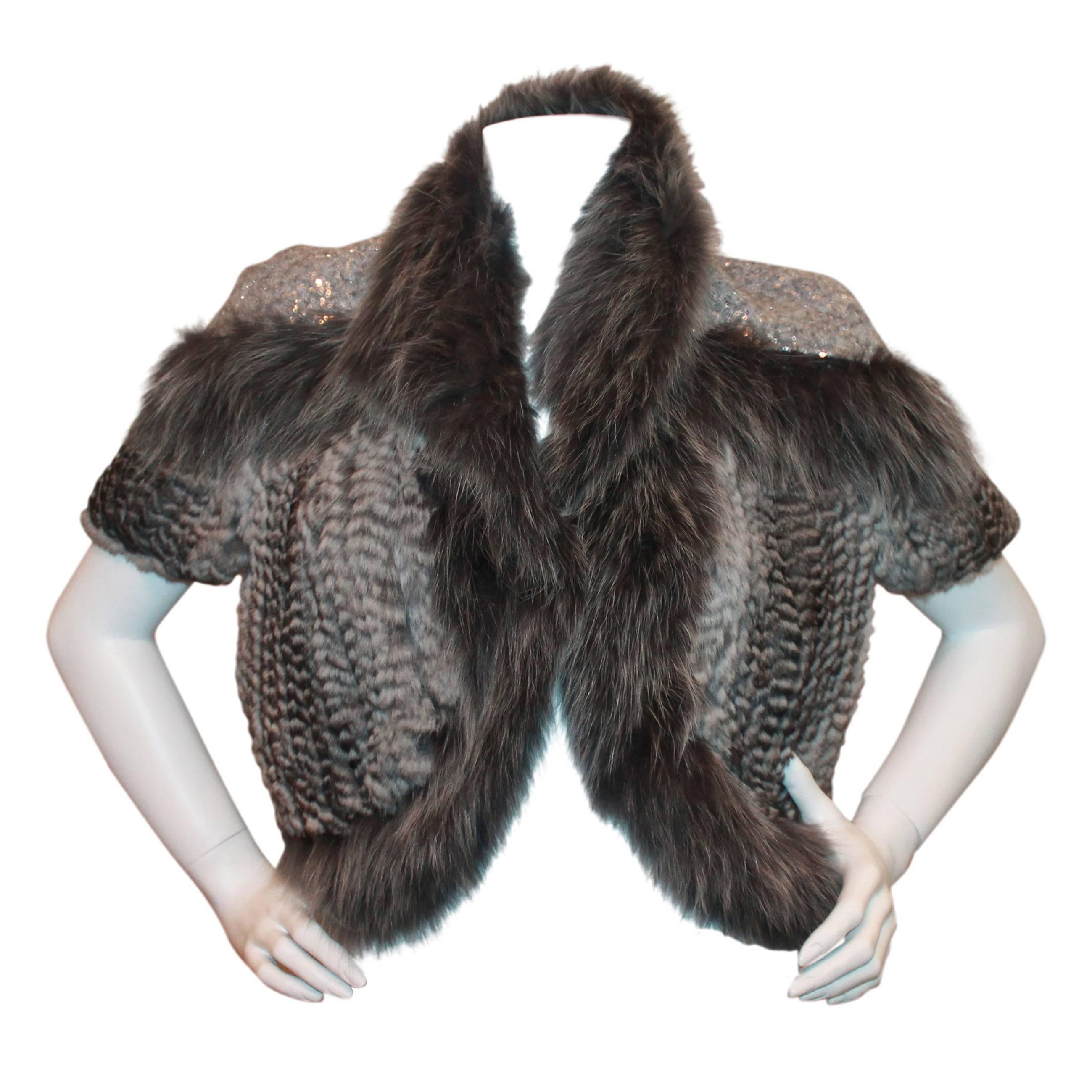 Hockley Grey Chinchilla and Fox Knitted Bolero w/ sequin shoulders-Sz 44-NWT