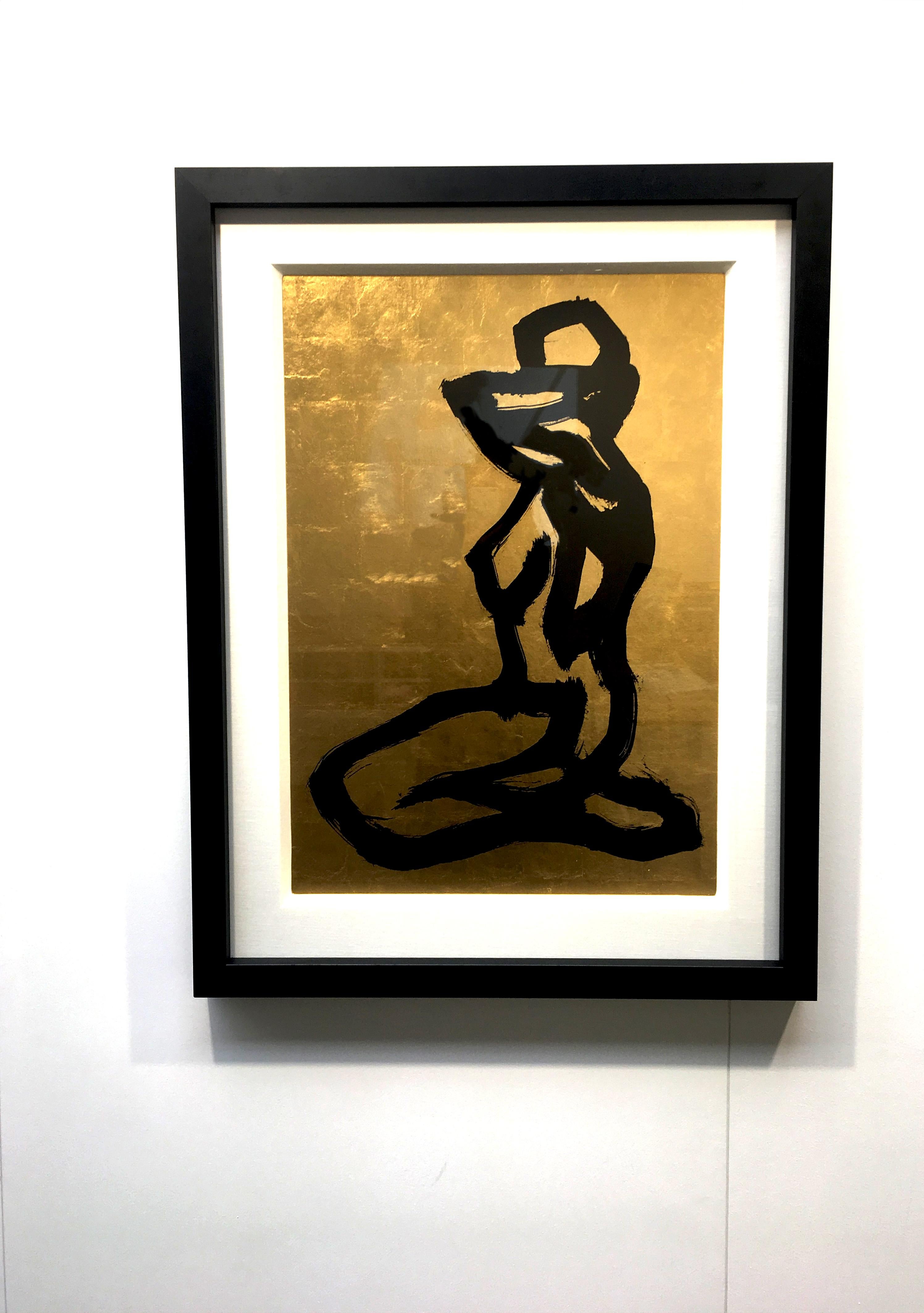 Bond Girl - Modern Abstract silver leaf, black ink figurative painting  - Painting by Hocktee Tan