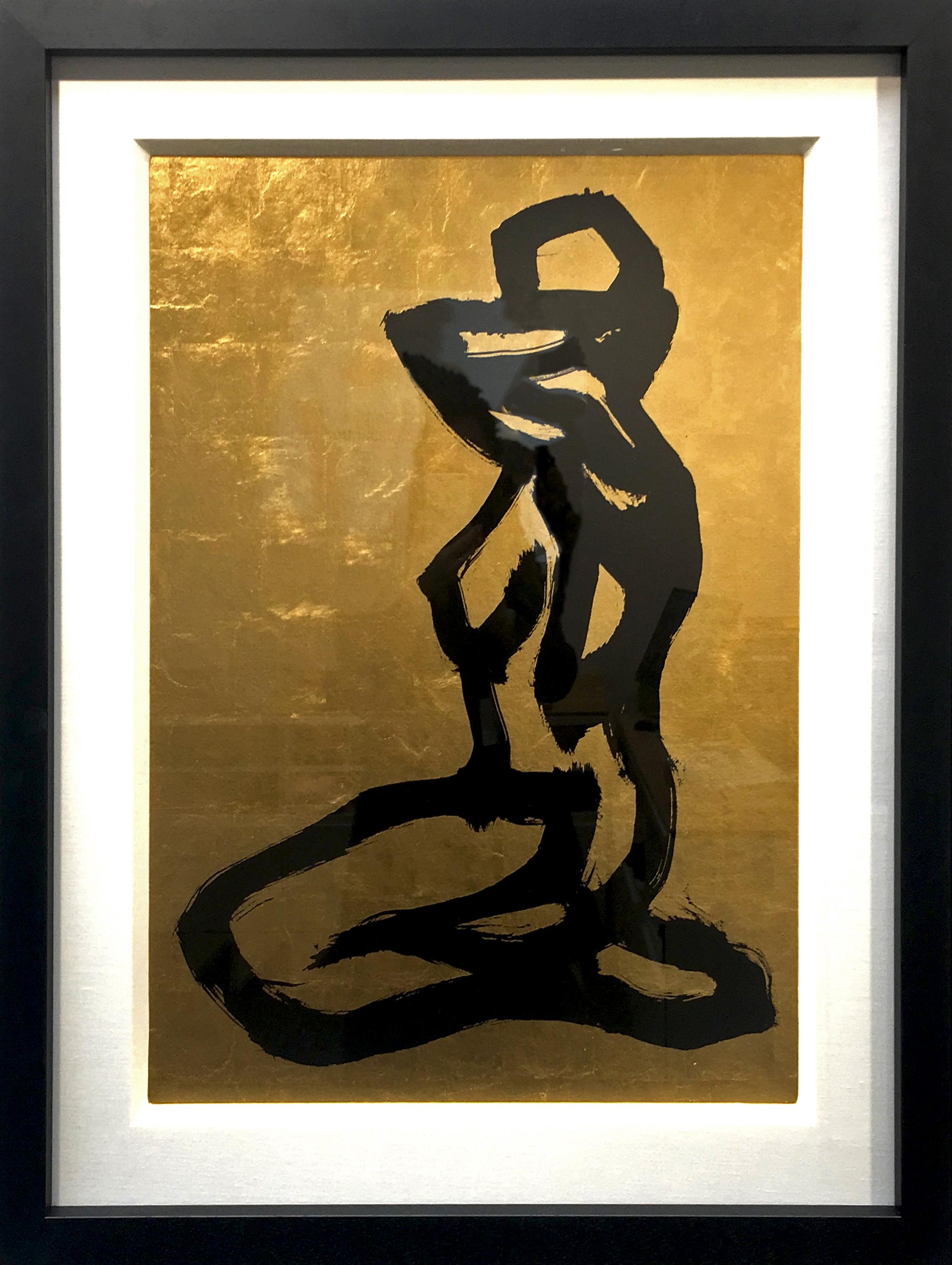 Bond Girl - Pittura figurativa astratta moderna a foglia d'argento e inchiostro nero