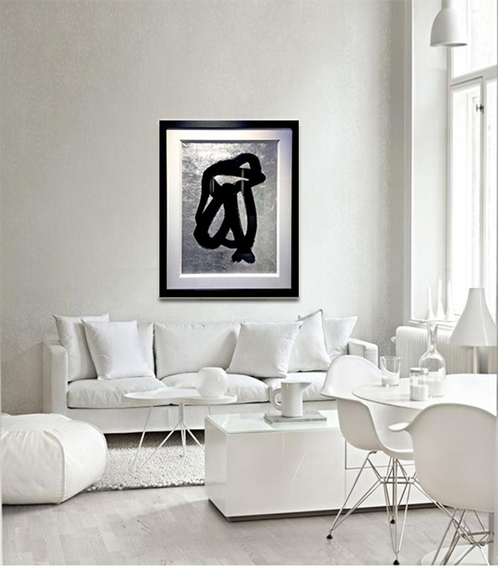 Comfort - Modern Abstract silver leaf, black ink figurative painting  - Painting by Hocktee Tan