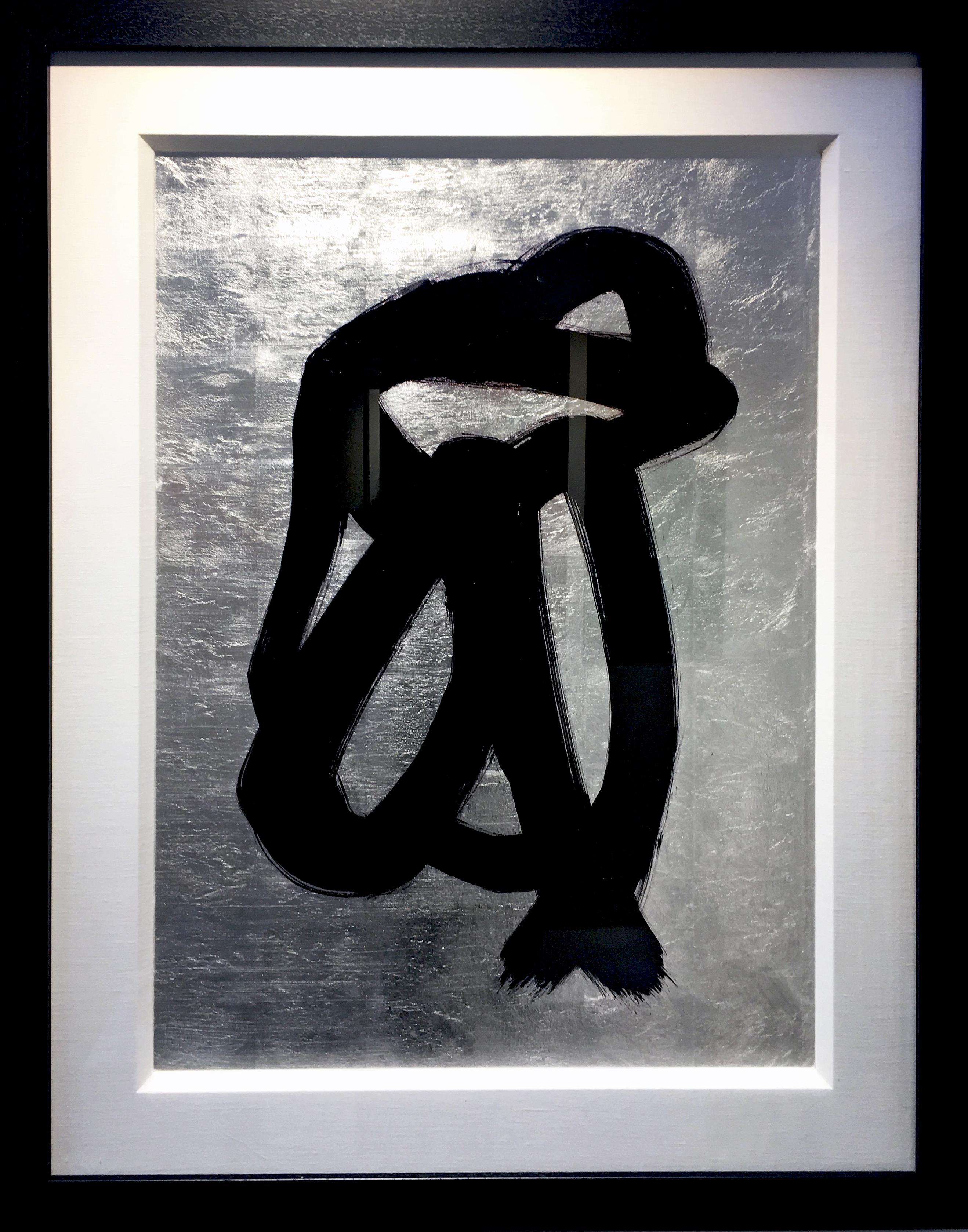 Comfort - Quadro figurativo astratto moderno a foglia d'argento e inchiostro nero