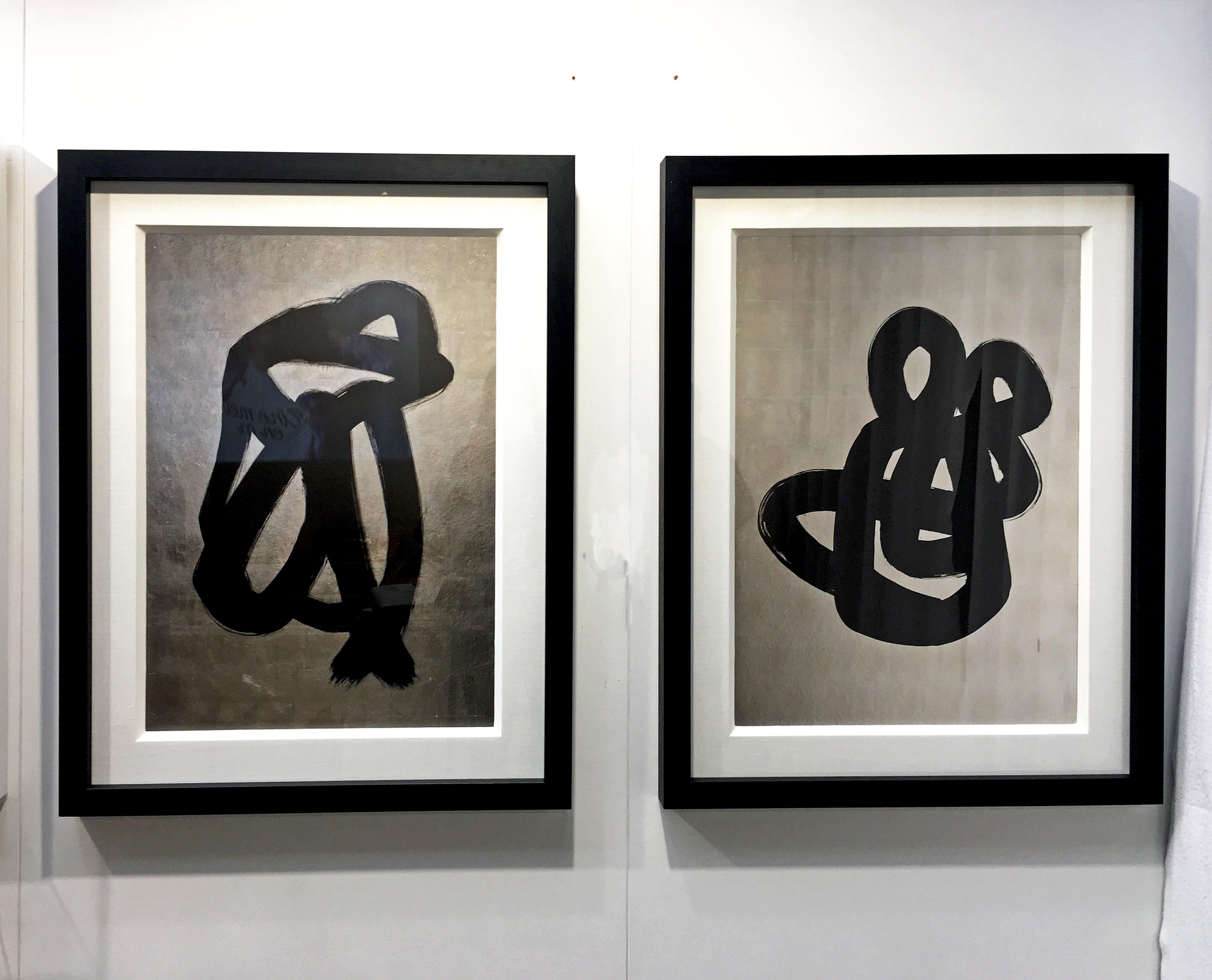 Love by Hock Tee Tan Modern Abstract Silver feuille, peinture figurative à l'encre noire  - Moderne Painting par Hocktee Tan