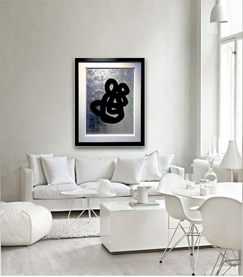 Love by Hock Tee Tan Modern Abstract Silver feuille, peinture figurative à l'encre noire - Argent Abstract Painting par Hocktee Tan
