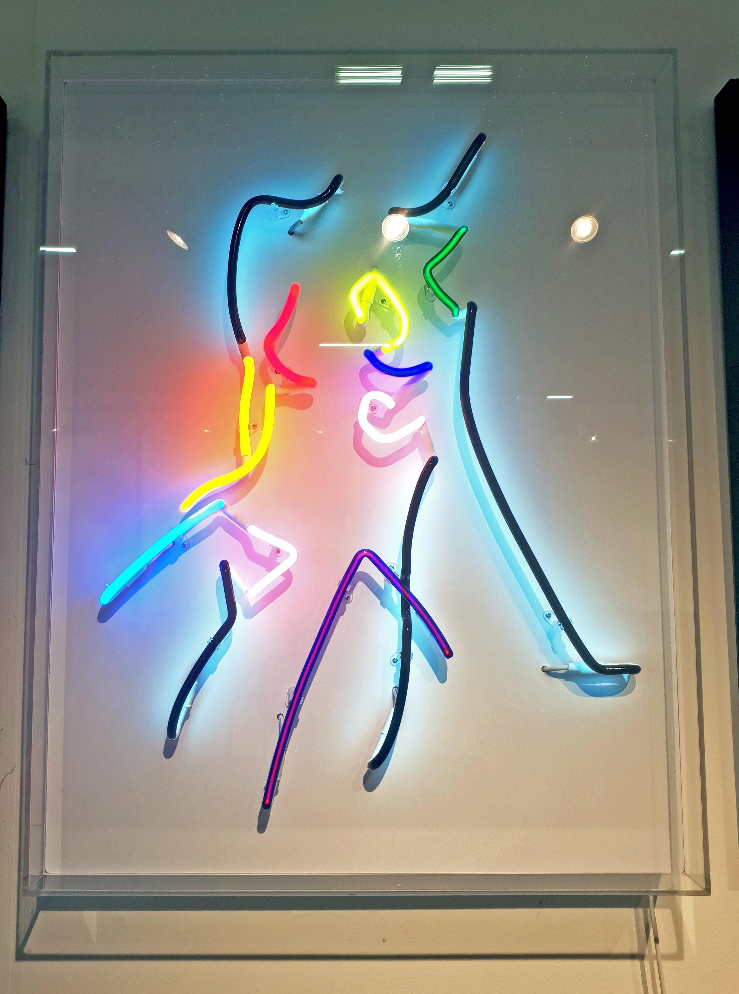 Neon After Modigliani - Abstract colorful Neon artwork by Hock Tee Tan - Gray Figurative Painting by Hocktee Tan