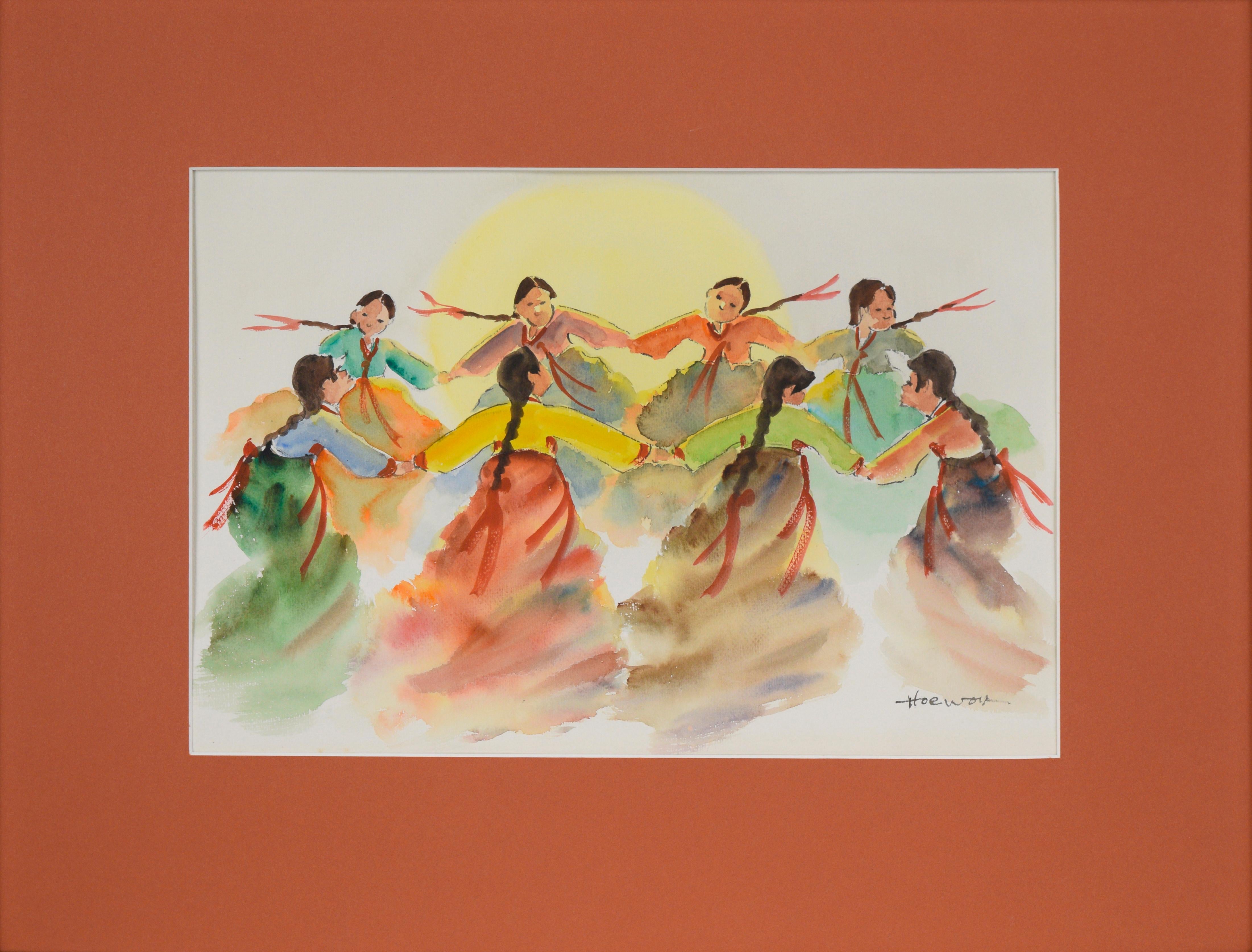 La danza - Acuarela original sobre papel - Arte popular coreano - Figurative Art Marrón de Hoe Won