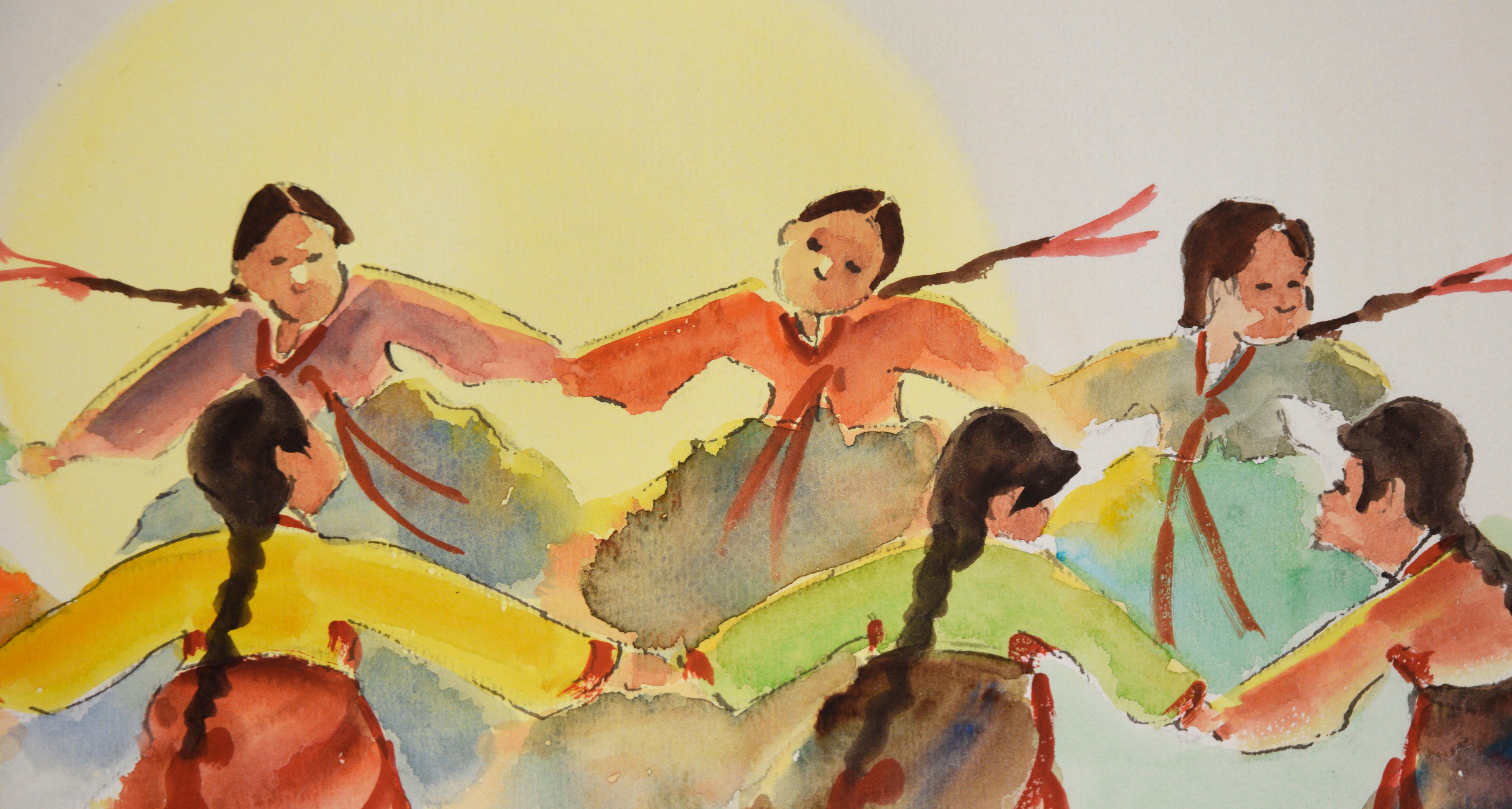 El Baile - Acuarela original sobre papel

Acuarela original de Hoe Won (coreana) que representa a ocho mujeres cogidas de la mano bailando en círculo frente al sol. Cada mujer lleva una falda larga y brillante, una camiseta de manga larga, el pelo