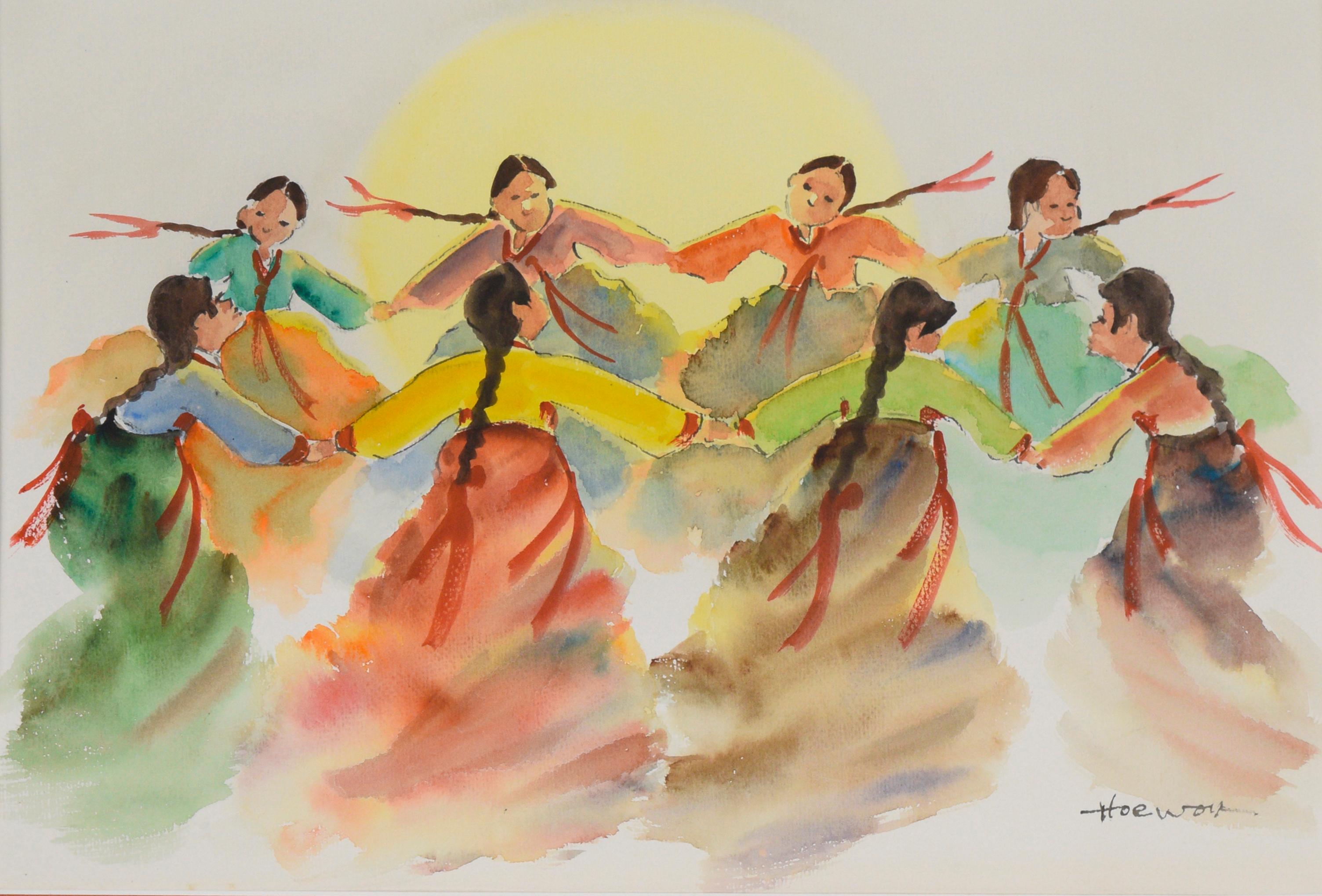 The Dance - Original Watercolor on Paper

Original watercolor painting depicting eight women holding hands while dancing in a circle in front of the sun by Hoe Won (Korean). Each woman is wearing a long bright skirt, a long sleeve top, with braided