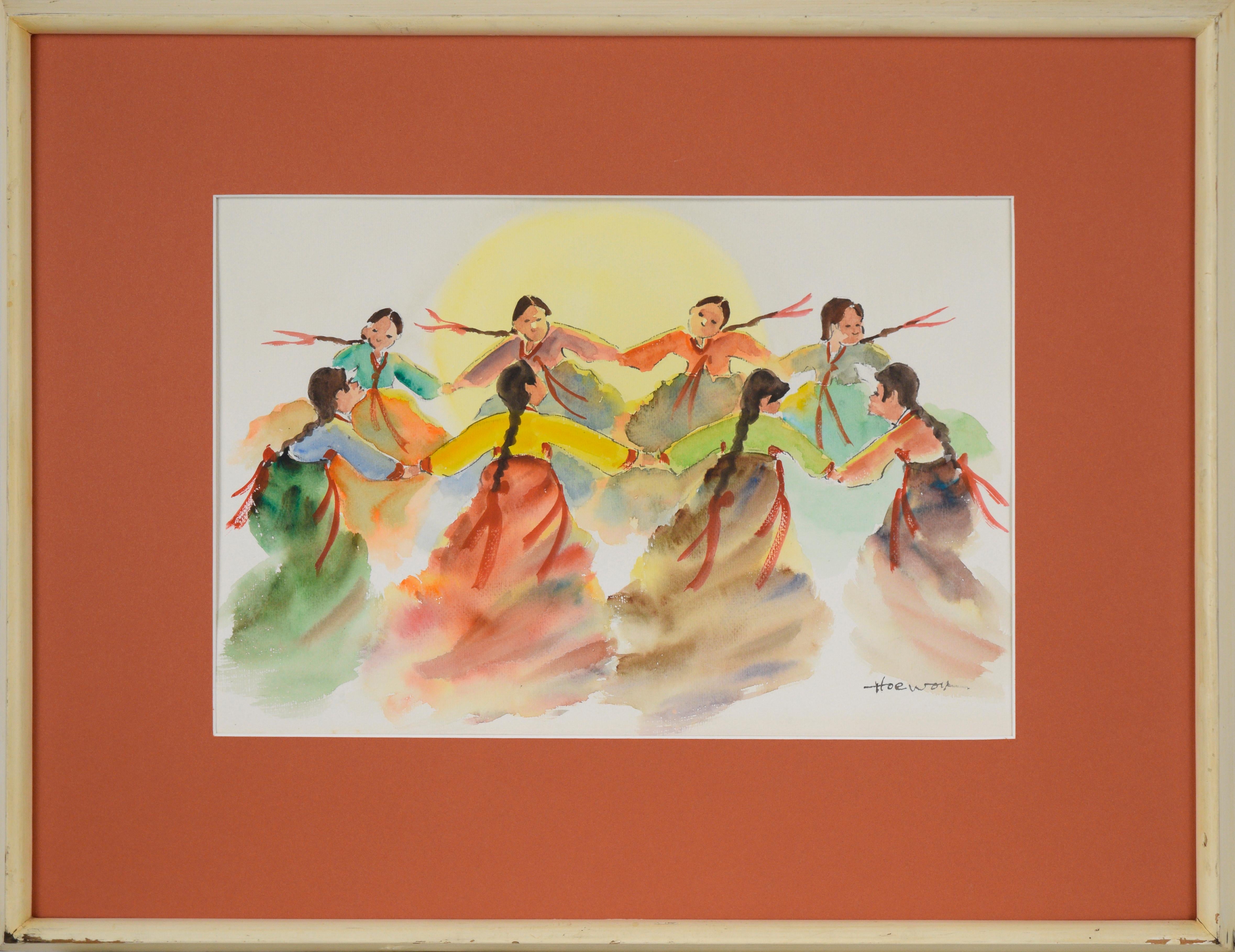 Hoe Won Figurative Art - The Dance - Original Watercolor on Paper - Korean Folk Art