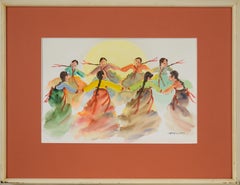 Vintage The Dance - Original Watercolor on Paper - Korean Folk Art