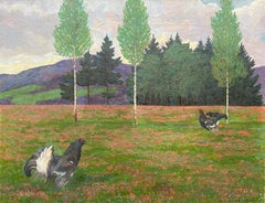 A Landscape with Two Roosters, Hoess Eugen Ludwig, 1866 – 1955, German Painter