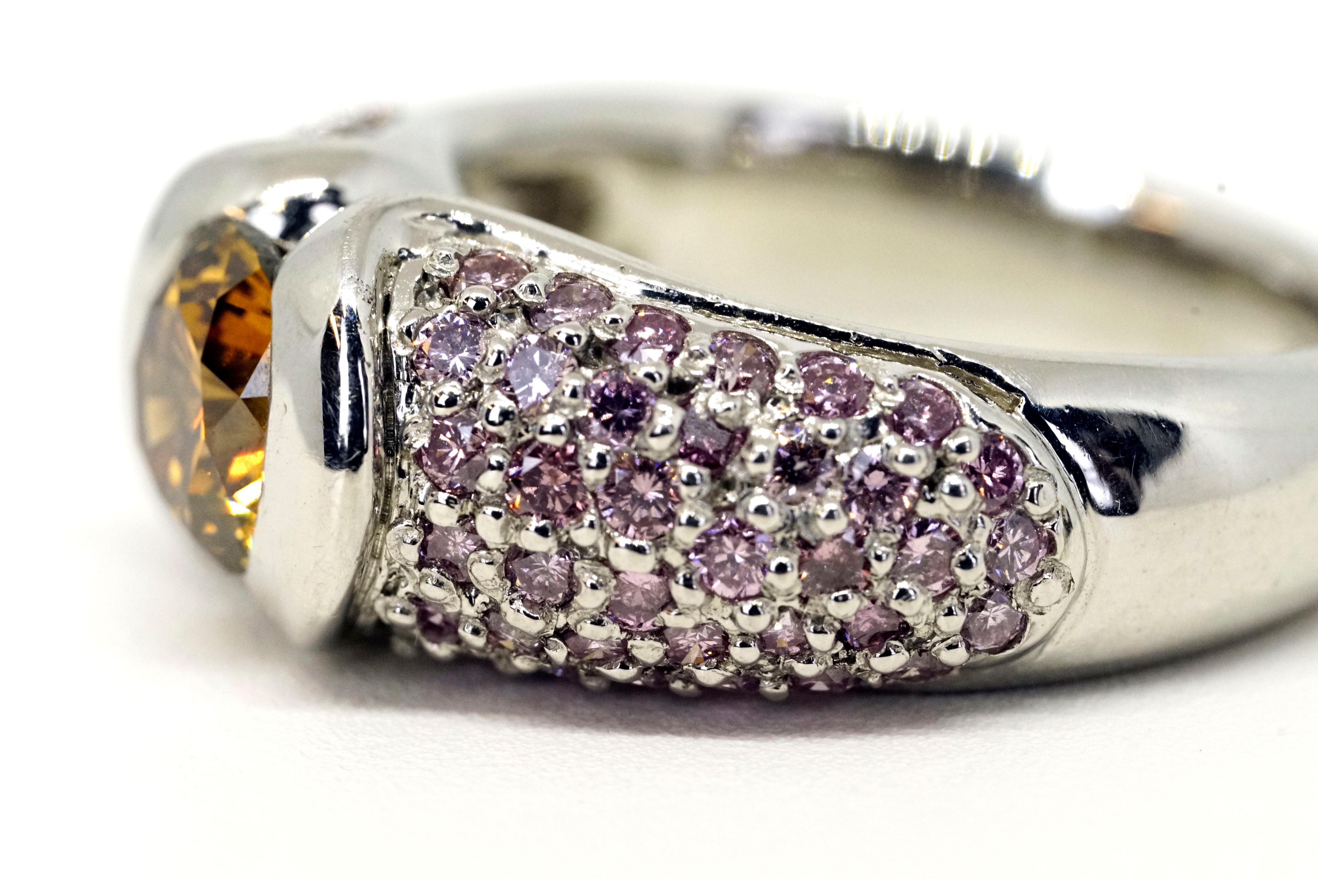 Modern Hofer Certified 1.33 Cognac Diamond and Intense Pink Diamonds Ring For Sale