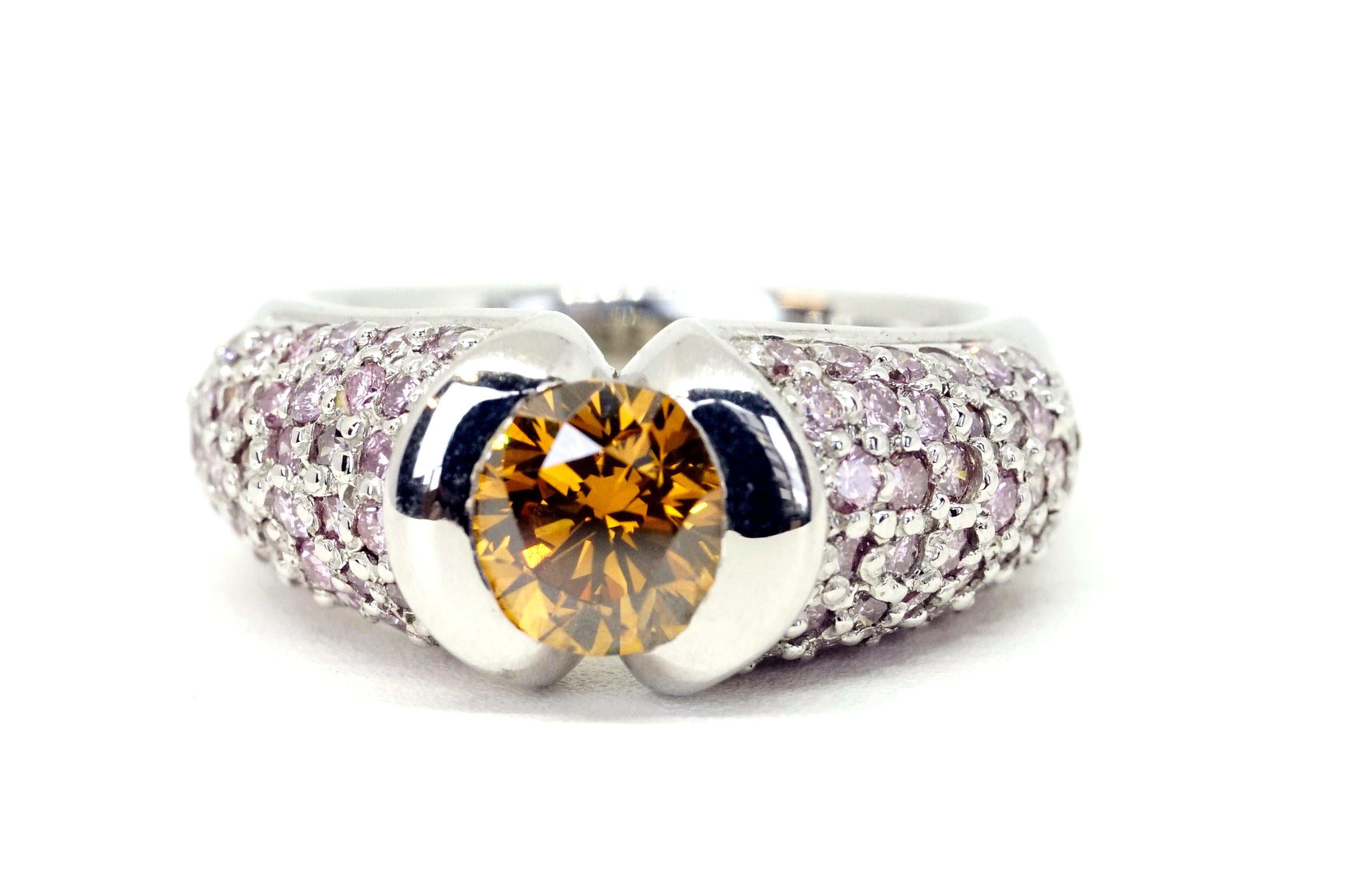Brilliant Cut Hofer Certified 1.33 Cognac Diamond and Intense Pink Diamonds Ring For Sale