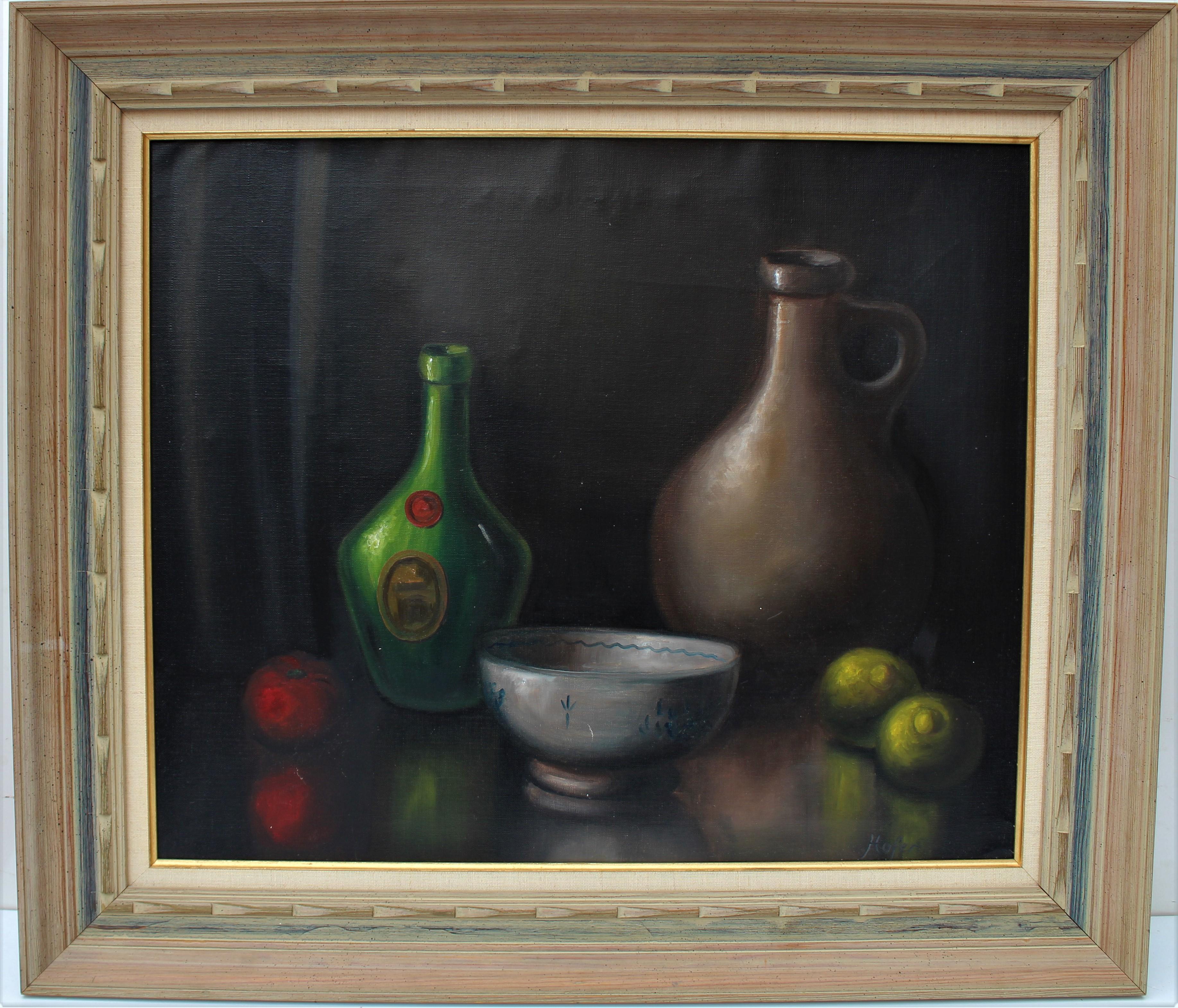 his is an original vintage  Still Life oil painting on canvas depicting an empty bowl, a wine bottle, a clay jug, a red apple, and two lemons on a table. 

Presented in a nice wood frame with a liner.

Frame and painting in good condition. Please