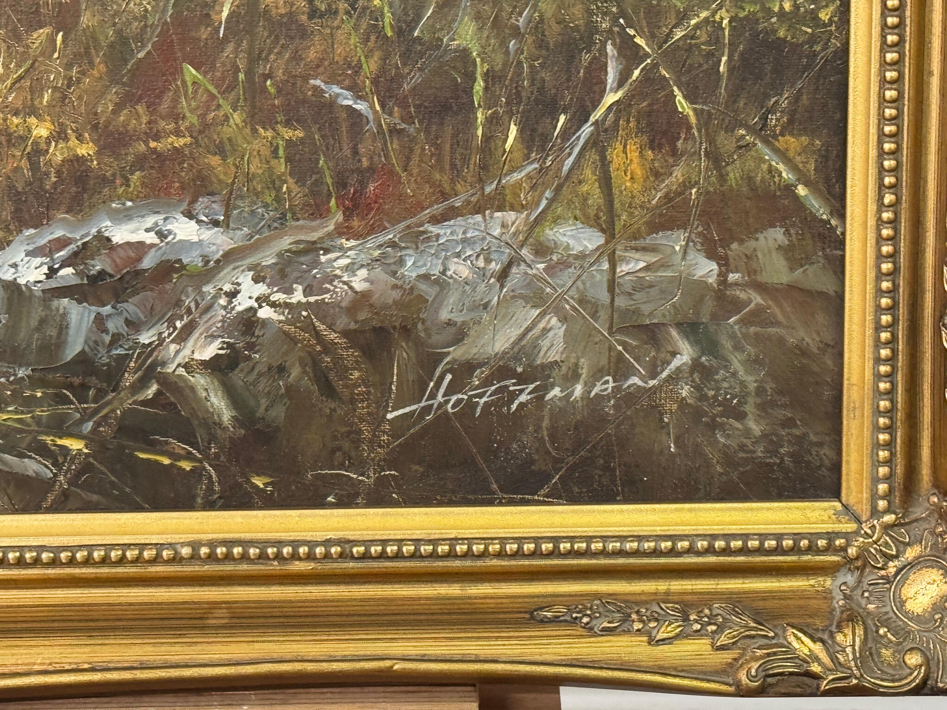 Jagdhund und zwei Vögel fliegen in den Wäldern auf dem Lande in England – Painting von Hoffman