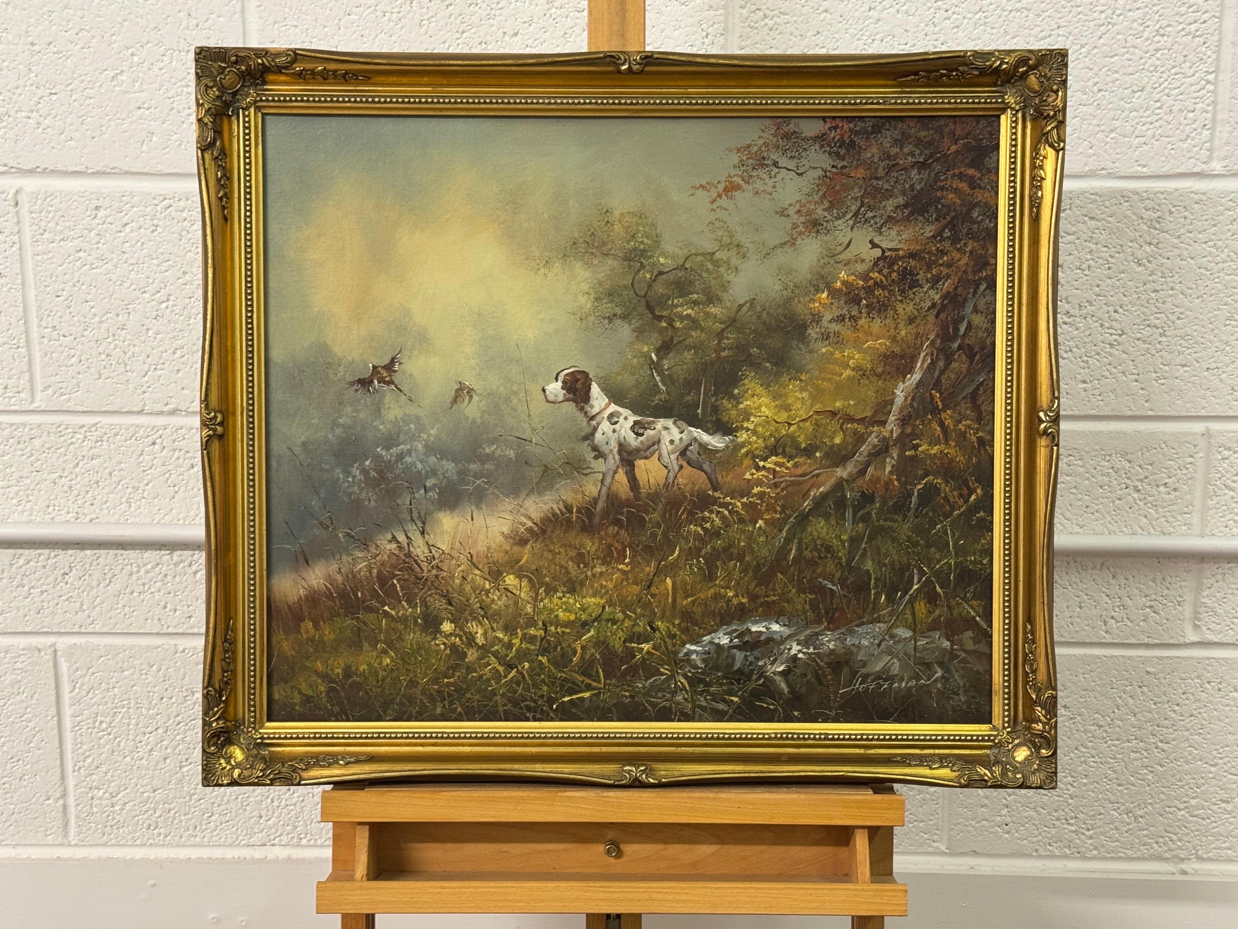 Jagdhund und zwei Vögel fliegen in den Wäldern auf dem Lande in England (Englische Schule), Painting, von Hoffman