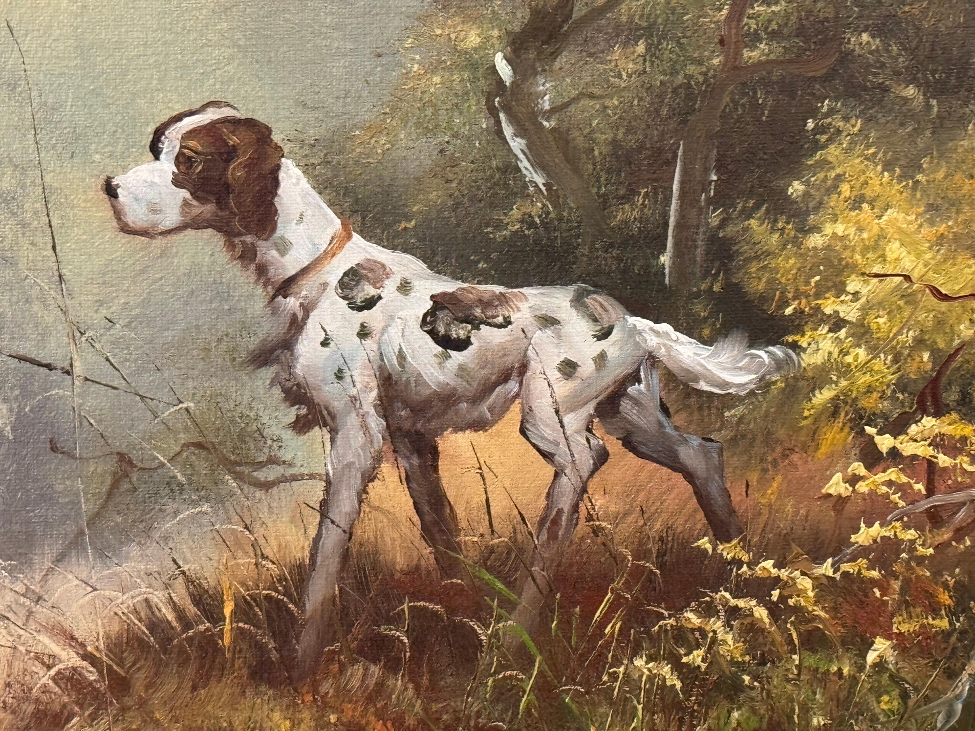 Jagdhund und zwei Vögel fliegen in den Wäldern auf dem Lande in England im Angebot 1