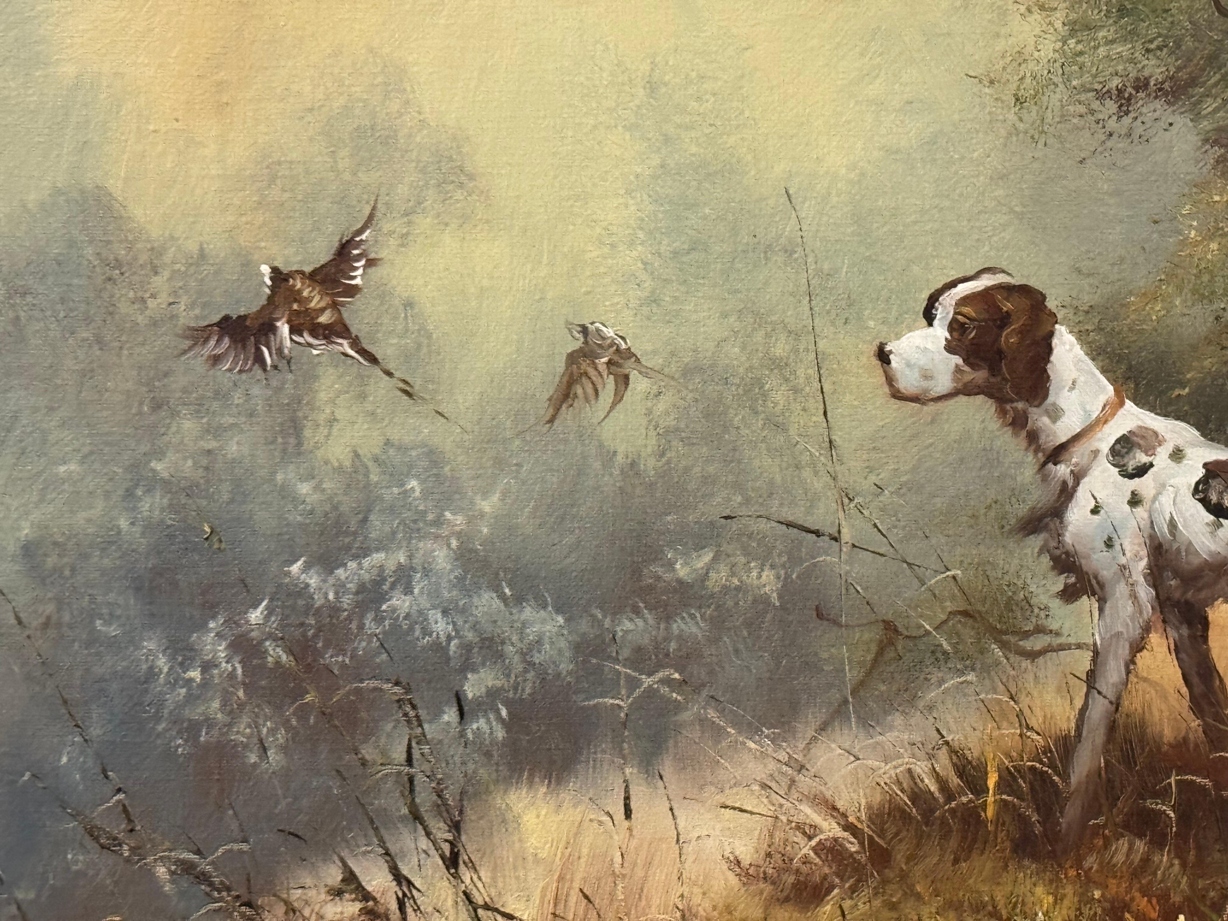 Jagdhund und zwei Vögel fliegen in den Wäldern auf dem Lande in England im Angebot 2