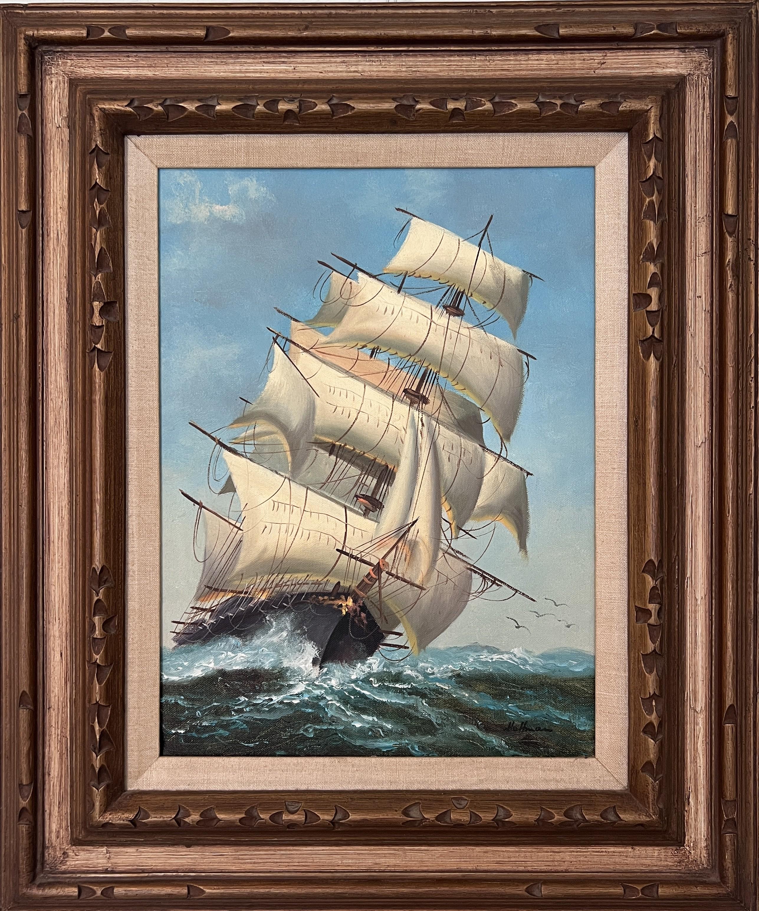Up for sale is a striking original oil painting on canvas by the artist Hoffman, featuring a majestic tall ship cutting through open ocean waters under a bright and dynamic sky. The vessel’s full sails billow with wind, capturing the powerful