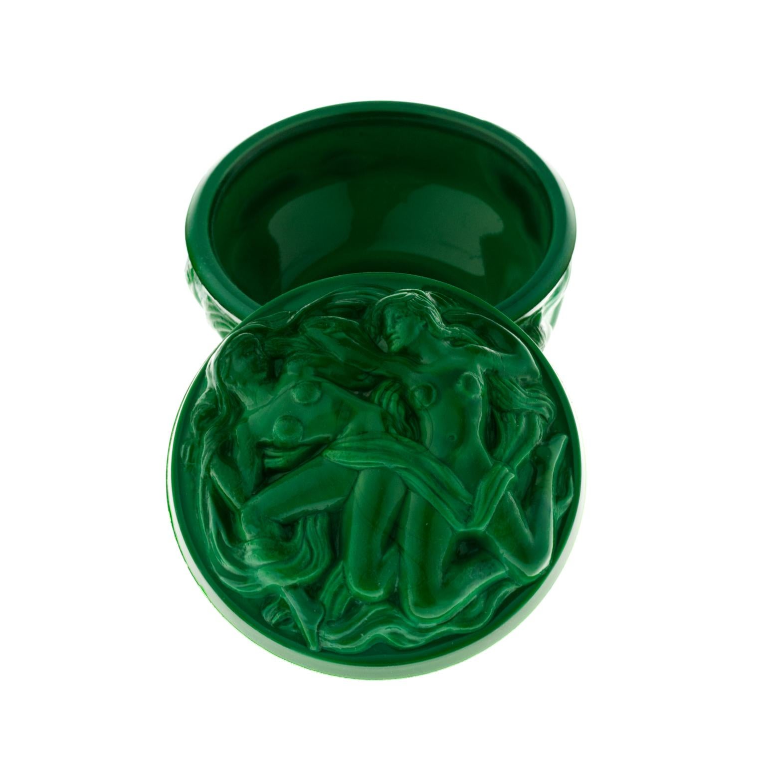 Fantastic example of a I. Heinrich Hoffmann Czech Art Deco malachite glass high relief reclining nude trinket box. It's done in beautiful green Czechoslovakian malachite glass with nudes on the sides and the cover this exquisite jewelry box is a