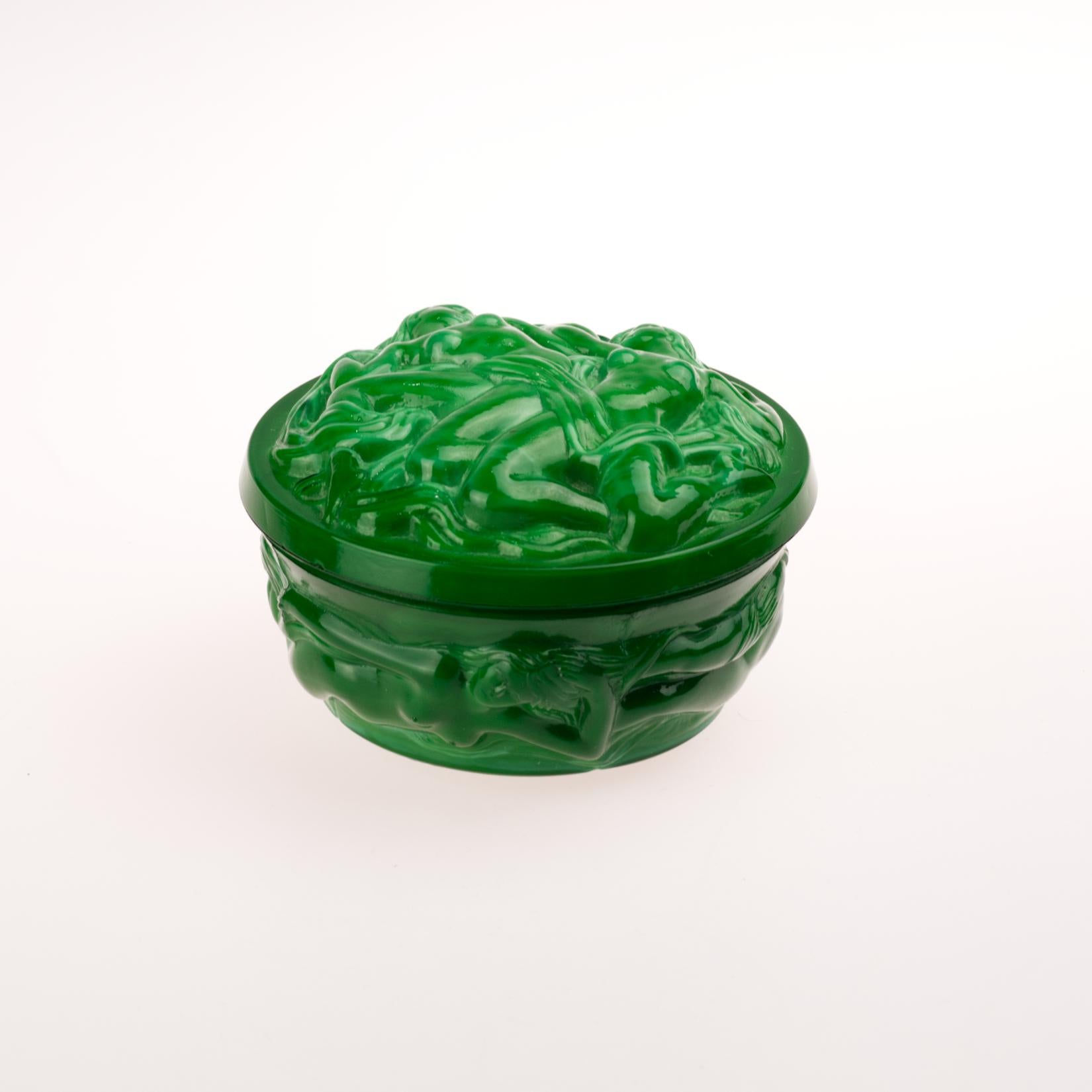 Fantastic example of a I. Heinrich Hoffmann Czech Art Deco malachite glass high relief reclining nude trinket box. It's done in beautiful green Czechoslovakian malachite glass with nudes on the sides and the cover this exquisite jewelry box is a