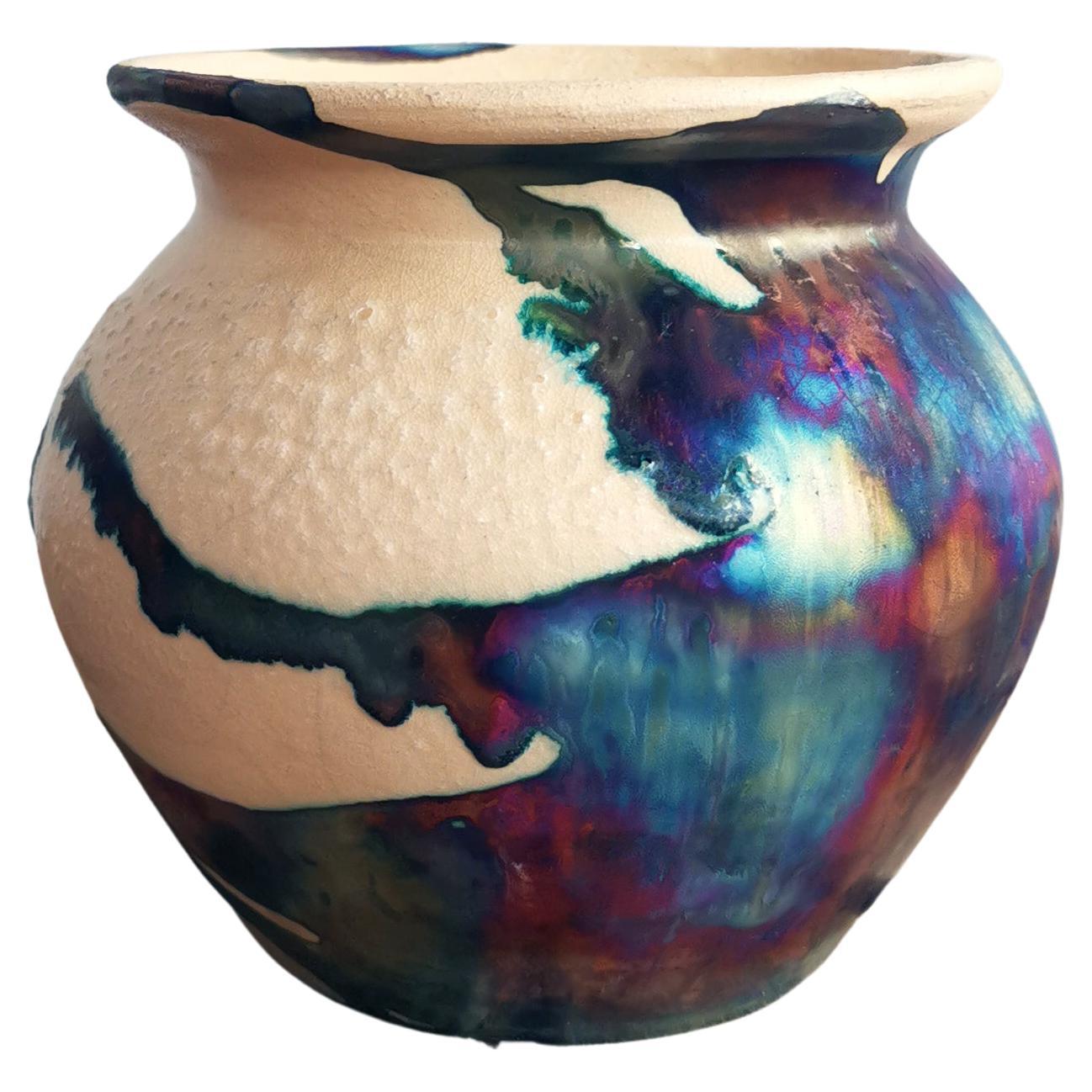 Hofu Raku Ceramic Vase - Half Copper Matte - Handmade Pottery Home Decor Gift For Sale