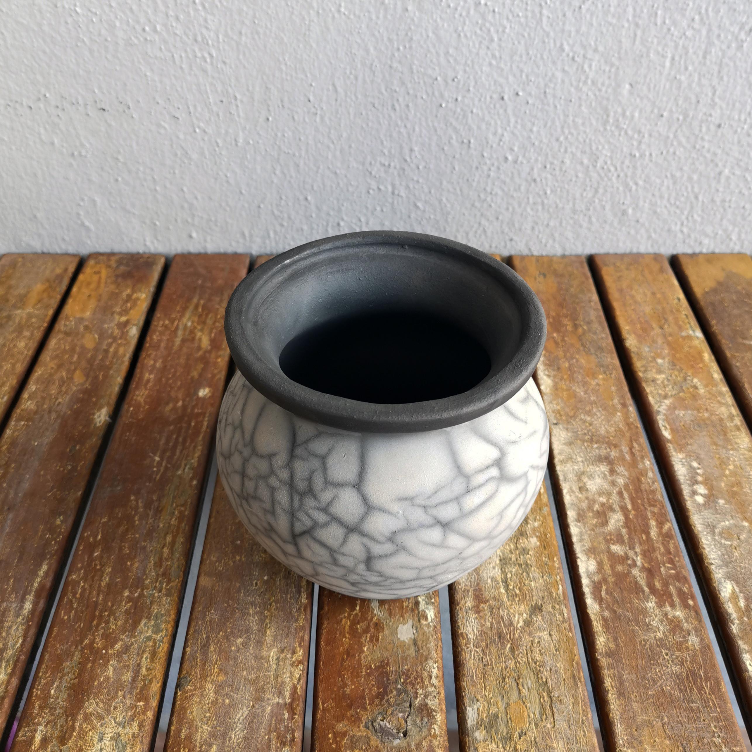 Modern Hofu Raku Ceramic Vase - Smoked Raku - Handmade Pottery Home Decor Gift For Sale