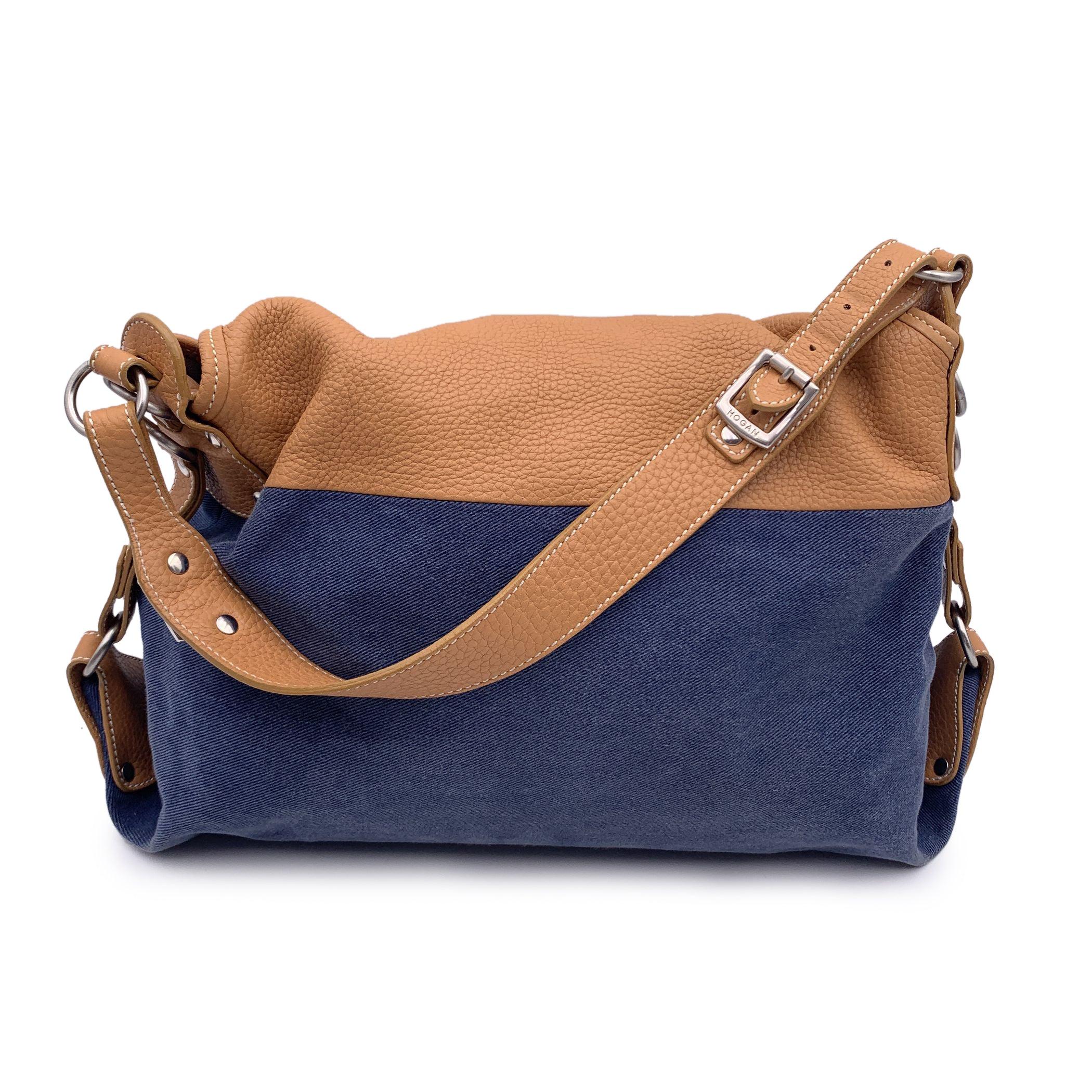 Black Hogan Blue Denim and Beige Leather Flap Shoulder Bag Tote