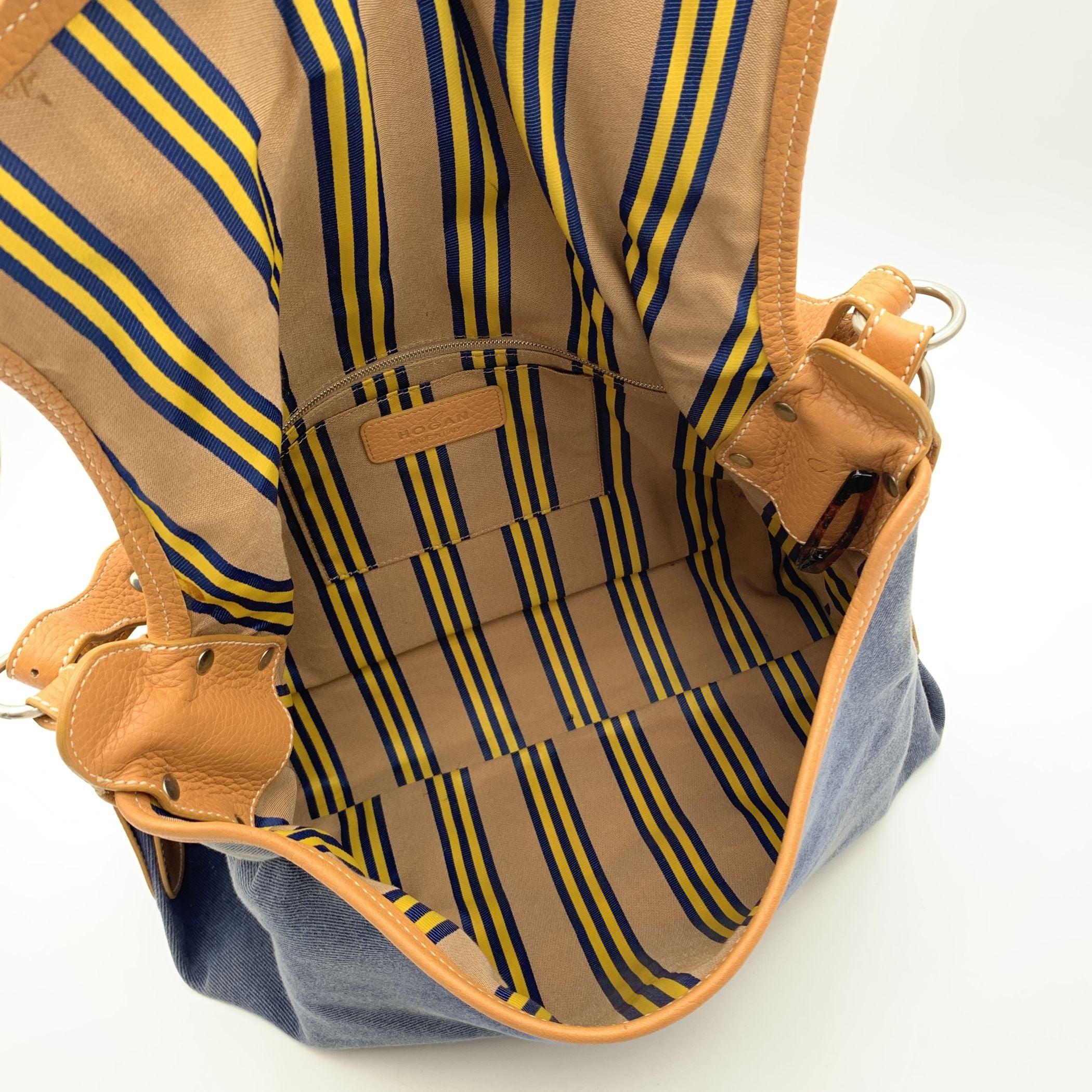 Women's Hogan Blue Denim and Beige Leather Flap Shoulder Bag Tote