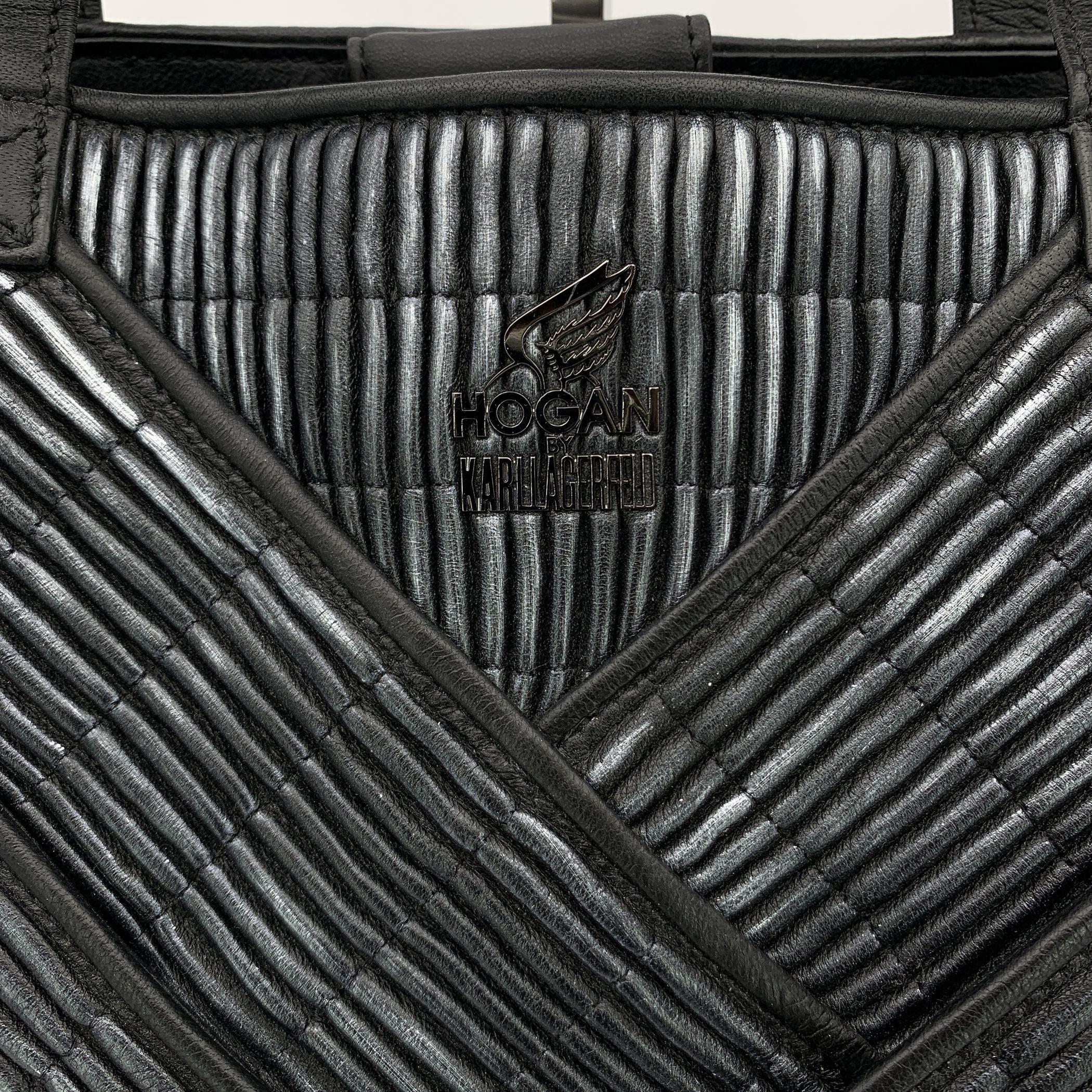 Hogan by Karl Lagerfeld Black Textured Leather Shoulder Bag Tote For Sale 2