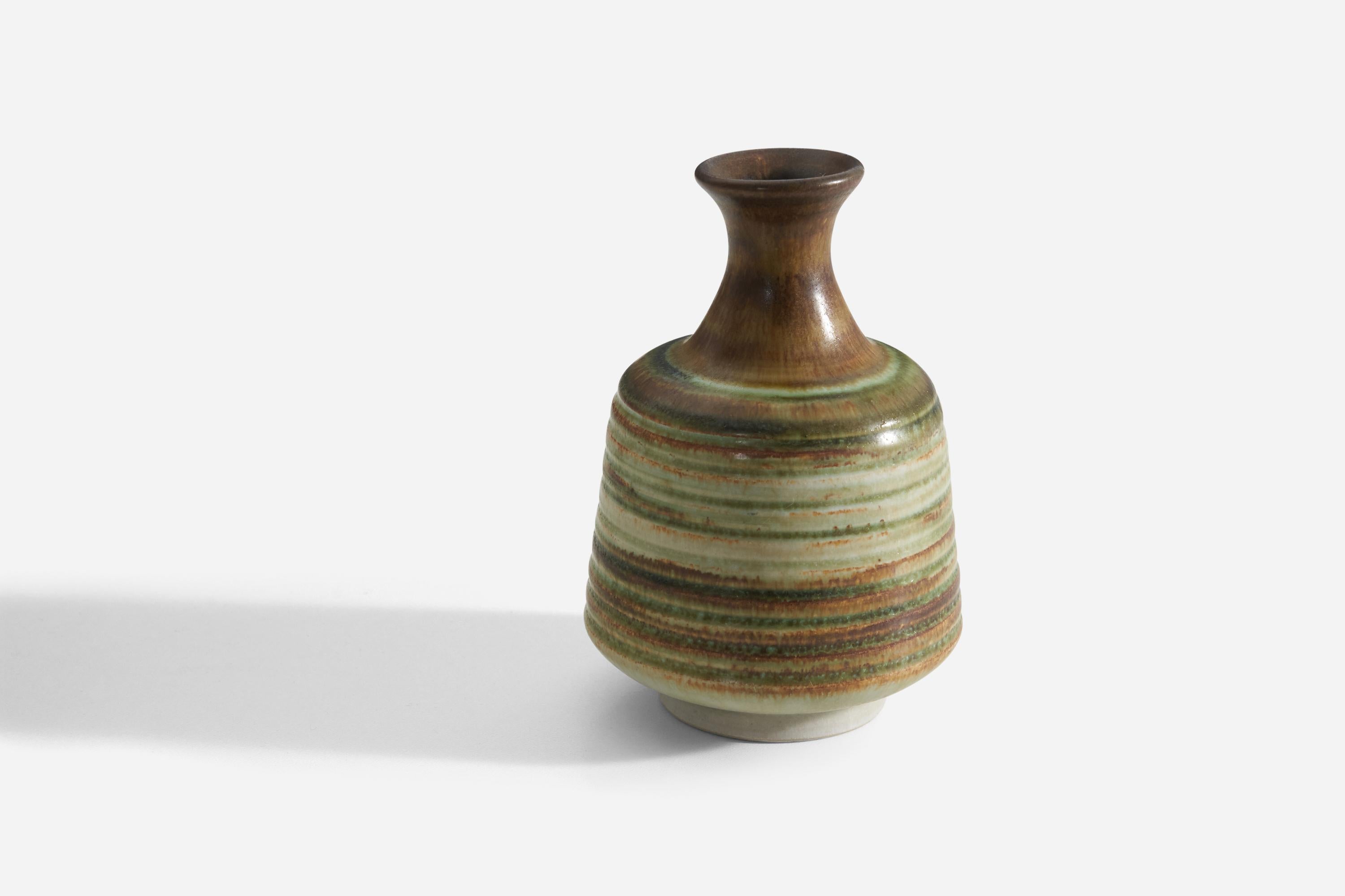 A brown, green and beige-glazed stoneware vase designed and produced by Höganäs Keramik, Sweden, 1950s.


